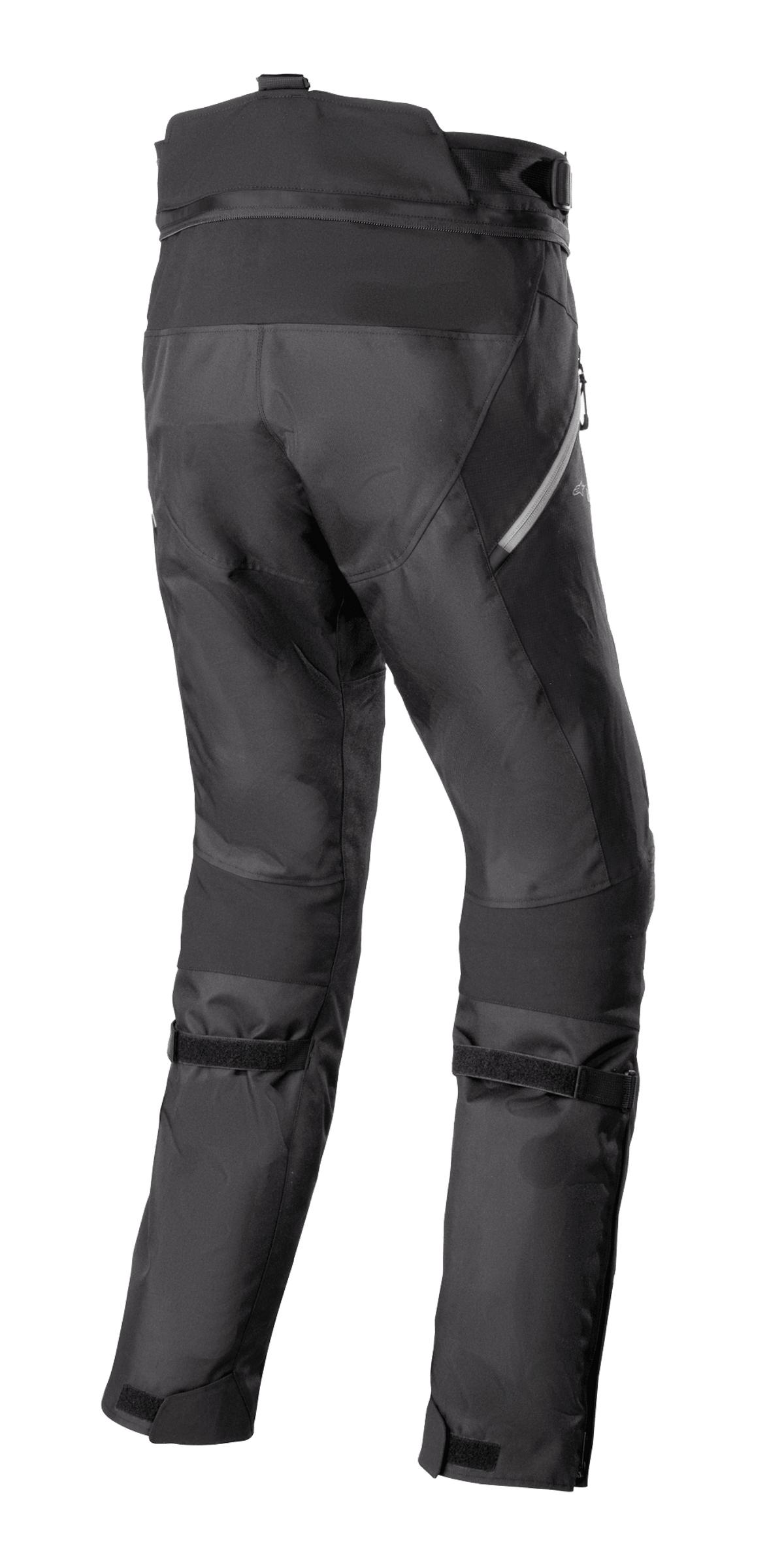 Pantalon Alpinestars Stella Bogotá Pro Drystar 4 Seasons, pantalon de moto d'aventure pour femme, noir, vue arrière montrant la construction textile technique, les sangles de réglage aux mollets et les détails réfléchissants sur le côté.