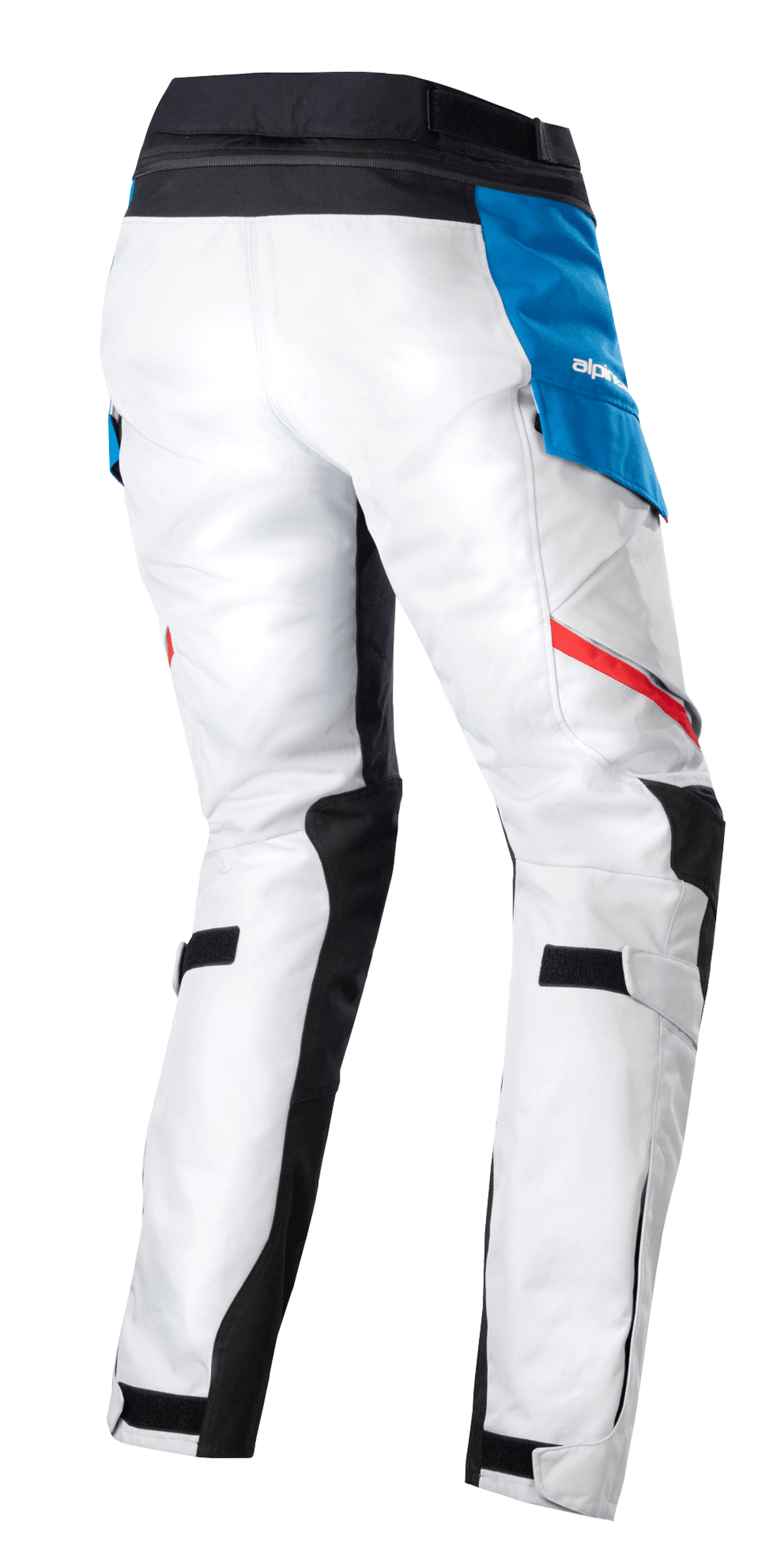 Pantalon Femme Alpinestars Stella Honda Andes V3 Drystar®, pantalon de moto adventure touring, gris glacé, bleu et rouge vif, vue arrière montrant la construction textile gris glacé, poche latérale bleue avec logo blanc, ceinture noire et bandes contrastées rouges
