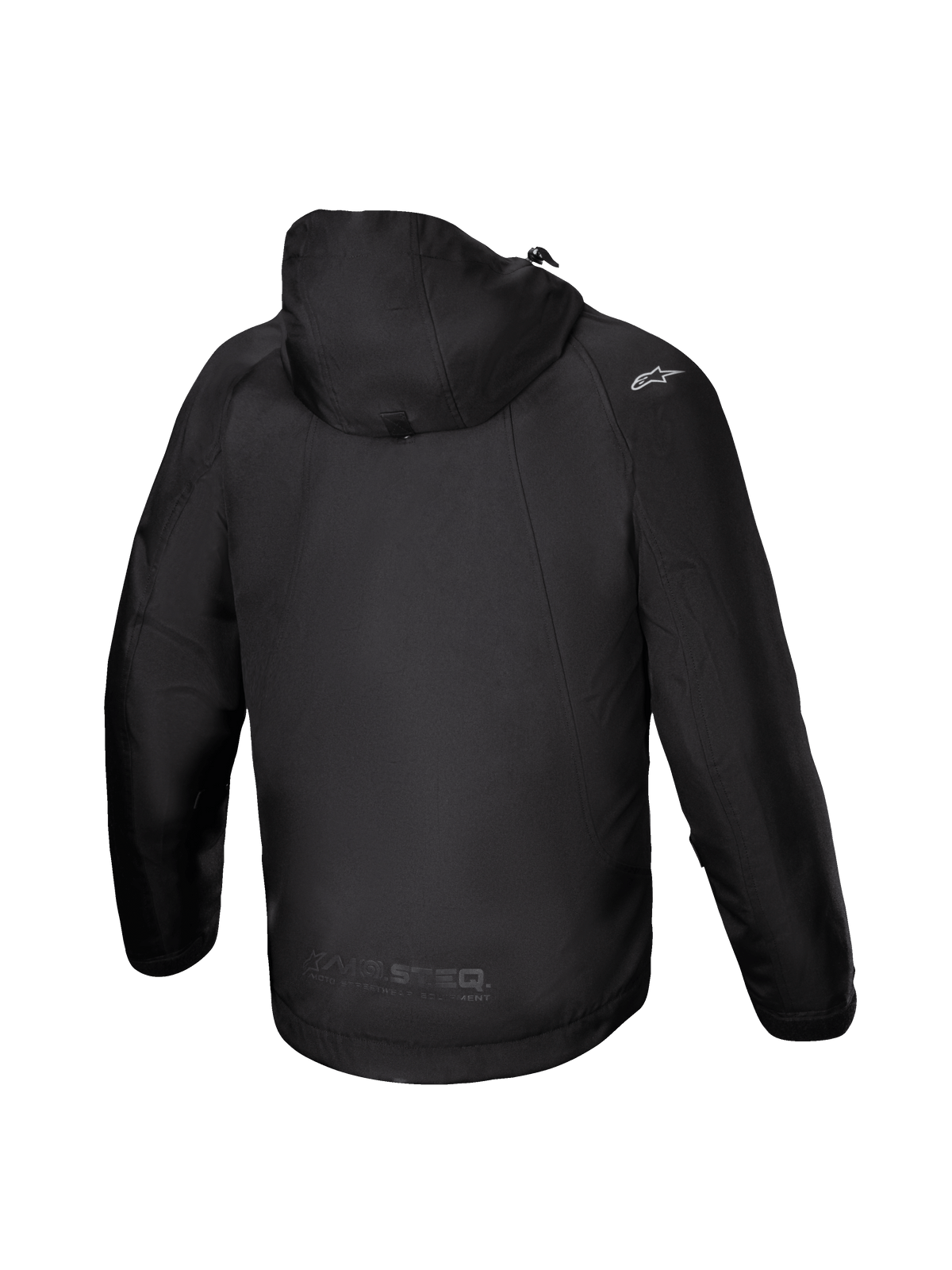 Alpinestars Parka Imperméable Morush, veste de moto noire pour homme, textile laminé, vue de dos avec capuche anti-tempête.