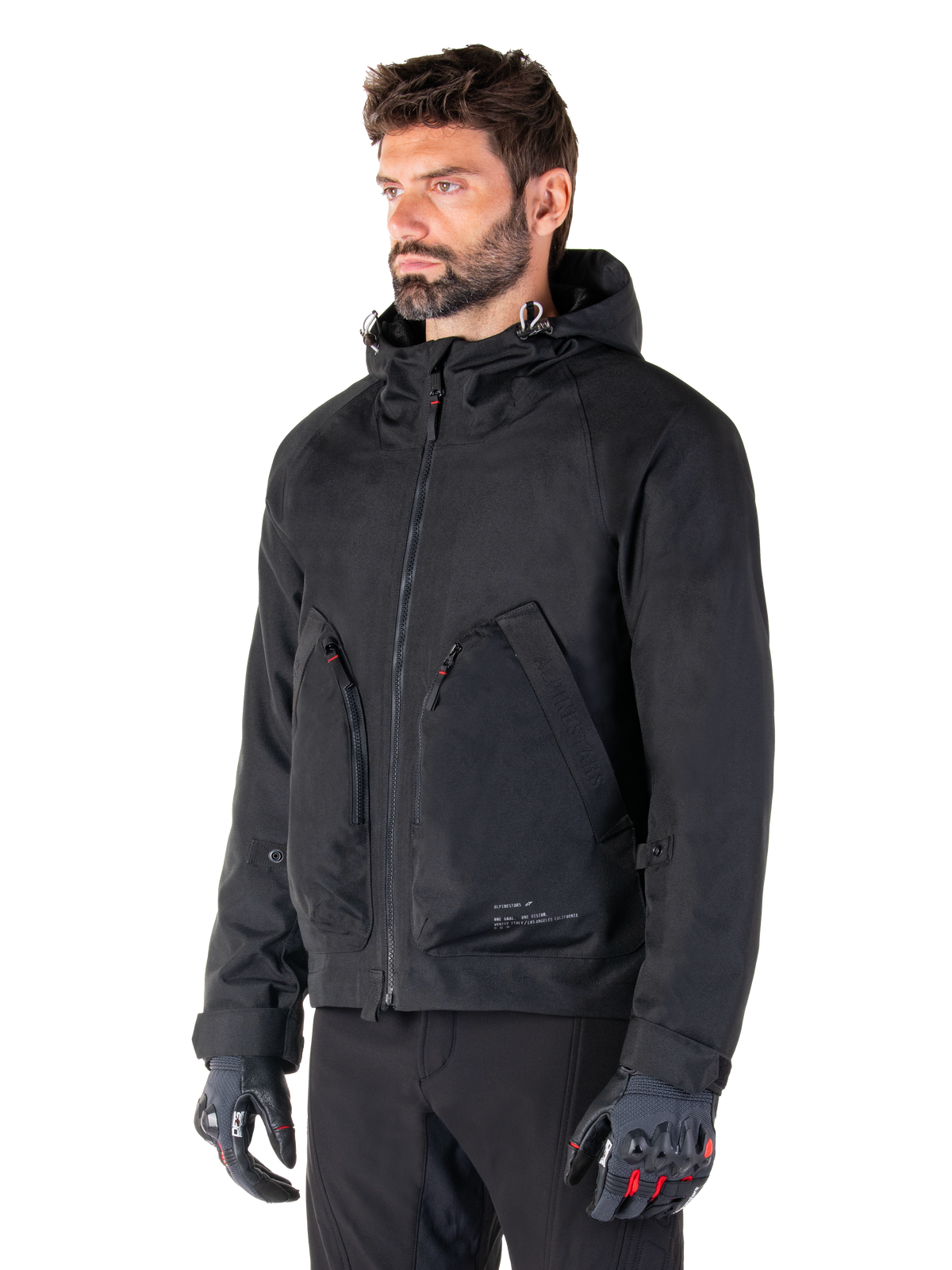 Alpinestars Morush, parka de moto urbaine pour homme, noire, textile imperméable, certifiée CE, Tech-Air Ready, portée par un mannequin.