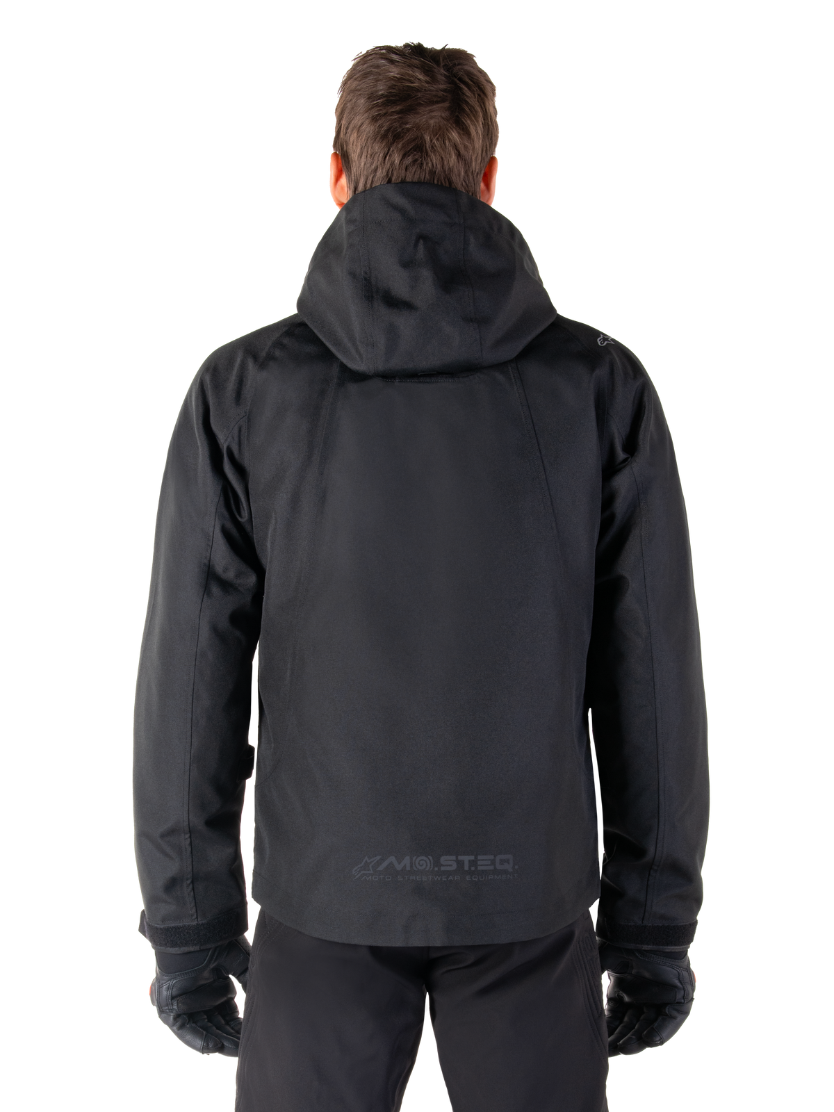 Parka imperméable Morush Alpinestars noire pour homme, vue arrière avec capuche et logo réfléchissant MO.ST.EQ.