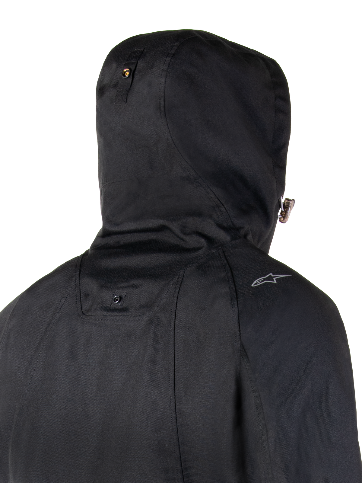 Alpinestars Morush, parka imperméable de moto urbaine noire, vue arrière de la capuche anti-tempête et du bouton-pression.