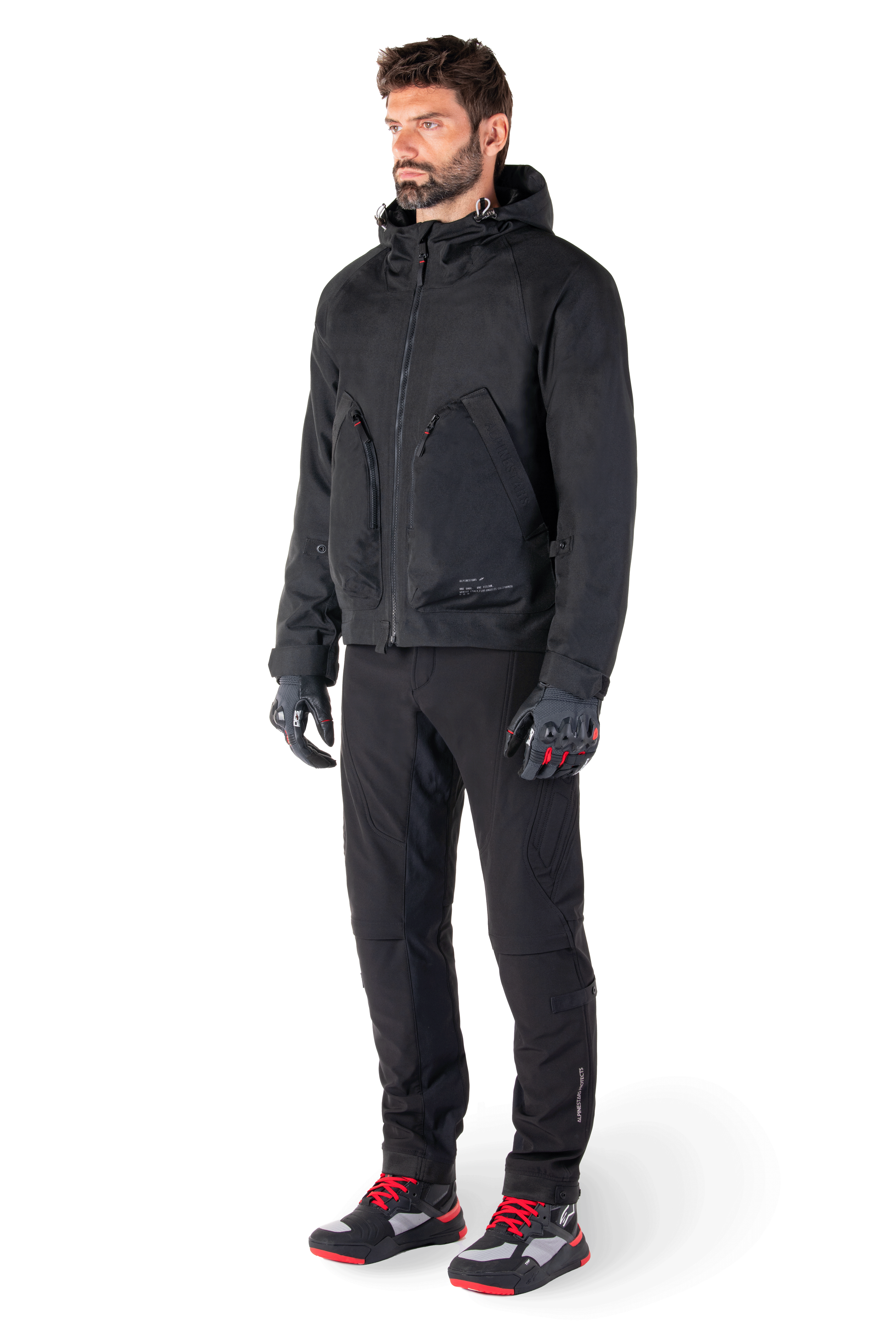 Alpinestars Parka Imperméable Morush, veste de moto urbaine pour homme, noire, textile laminé imperméable avec capuche anti-tempête et protections certifiées CE, style streetwear.