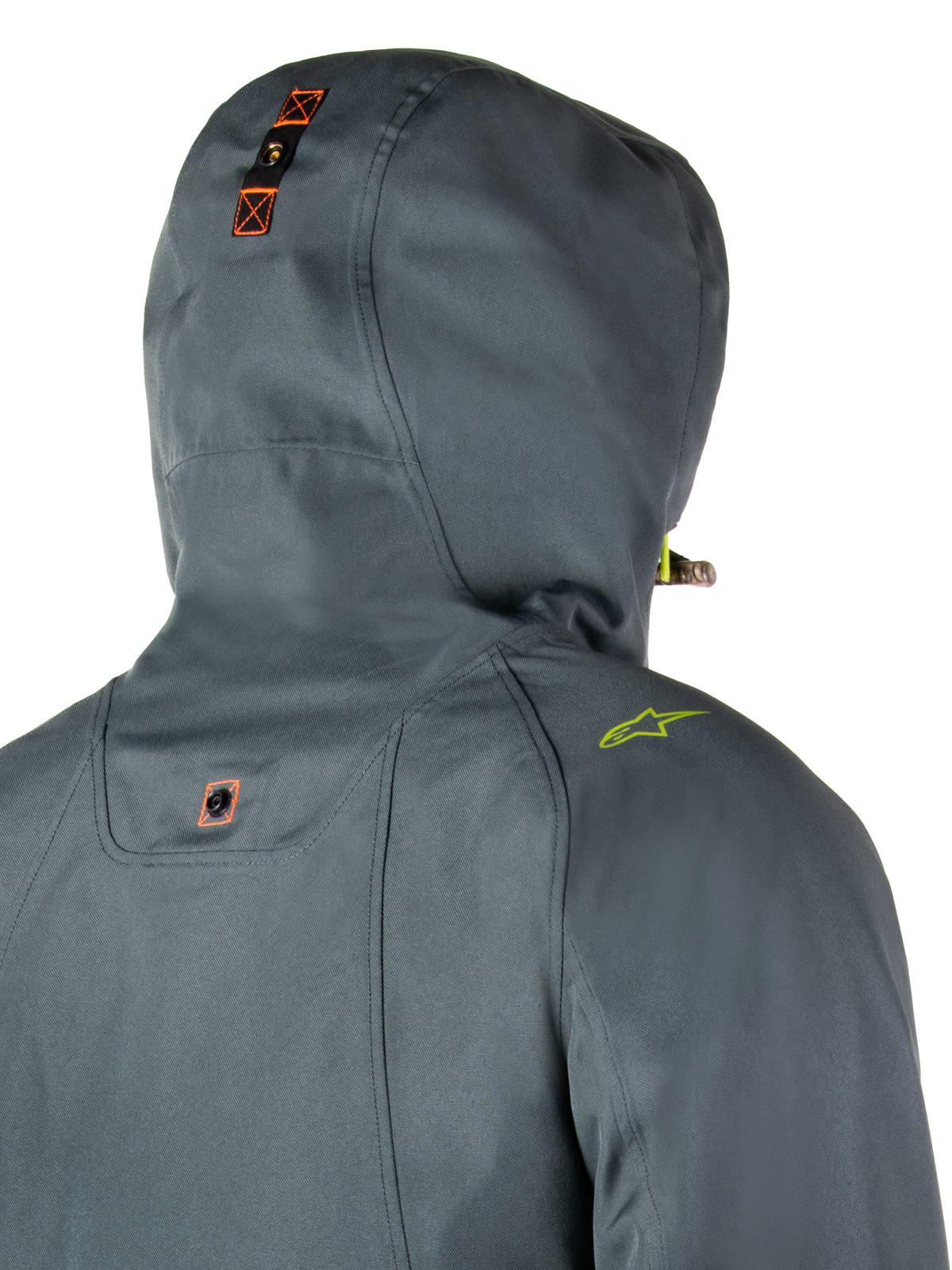 Alpinestars Morush Waterproof Parka, Gris urbain, vue arrière détaillée de la capuche avec système de fixation par boutons-pression et accents orange, logo d'épaule vert citron, vêtement moto urbain imperméable