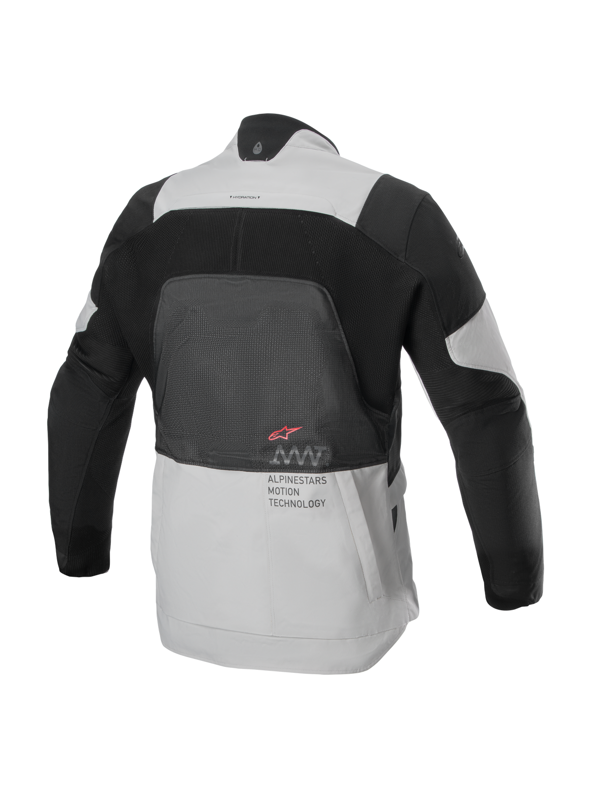Veste Alpinestars AMT-7 Air, vue arrière, Tan et Dark Shadow, veste de moto technique avec un grand panneau en maille MATRYX® au dos, texte « Alpinestars Motion Technology » et logo rouge, conçue pour le touring d'aventure en été