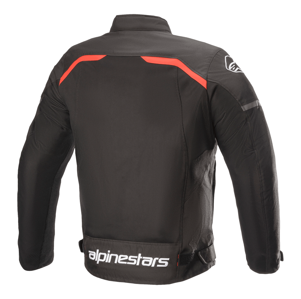 Veste Alpinestars T-SPS Superair, veste de moto en textile, noir avec accents rouge vif, vue arrière présentant de larges panneaux de ventilation en mesh, liserés rouges sur les épaules et logo Alpinestars blanc imposant dans le bas du dos.