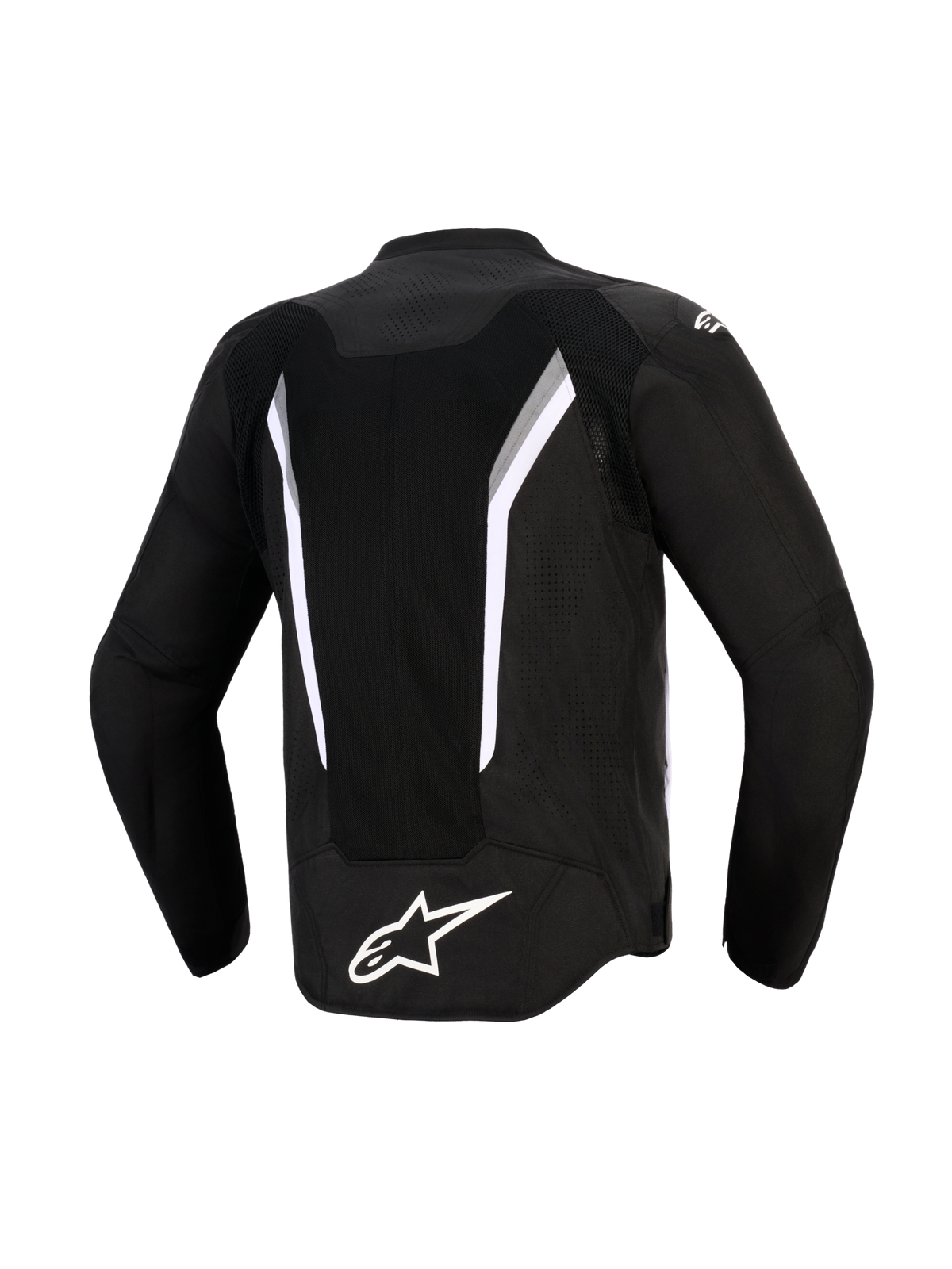 Veste Alpinestars AST V3 Air, vue arrière, noire avec accents blancs et gris foncé, dotée d'un large panneau de ventilation en maille, logo Alpinestars blanc en bas du dos et zones perforées au laser, veste de moto technique à coupe sportive