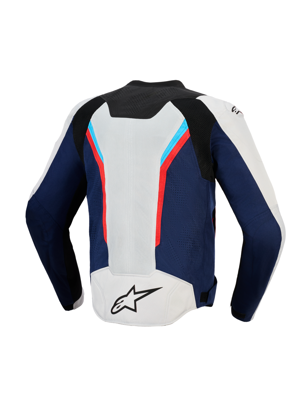 Veste Alpinestars AST V3 Air, vue arrière, argent, bleu profond et rouge vif, veste de moto technique dotée de larges panneaux de ventilation en maille, design sportif multi-panneaux avec des accents rouges et bleu clair, logo A-star noir sur le bas du dos argenté.