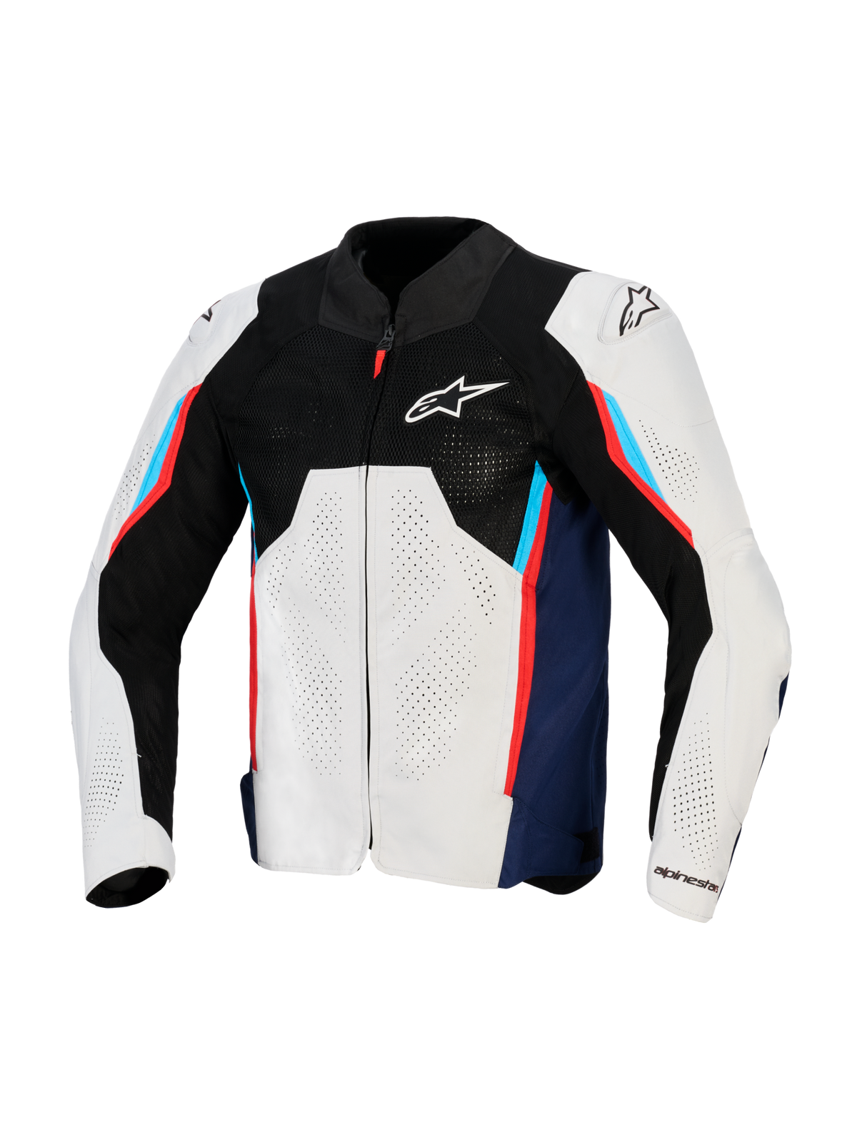 Veste Alpinestars AST V3 Air, veste de moto de course, argent, bleu profond et rouge vif, vue de face avec empiècement supérieur en maille technique noire, panneaux textiles perforés au laser et sliders d'épaule DFS externes, design coupe sport pour temps chaud.