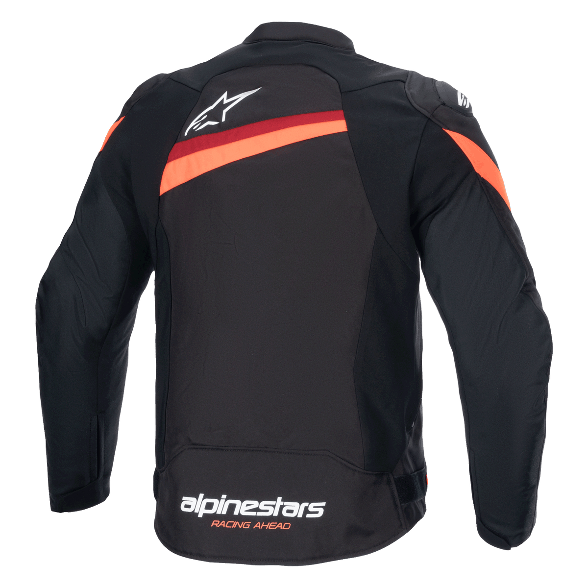 Veste Alpinestars T-GP Plus R V4, vue arrière, noir et rouge fluo, veste de moto sport en textile, avec logo Alpinestars blanc en haut du dos et marquage sur l'ourlet inférieur, bandes rouges diagonales sur les épaules et le dos, manches pré-courbées.
