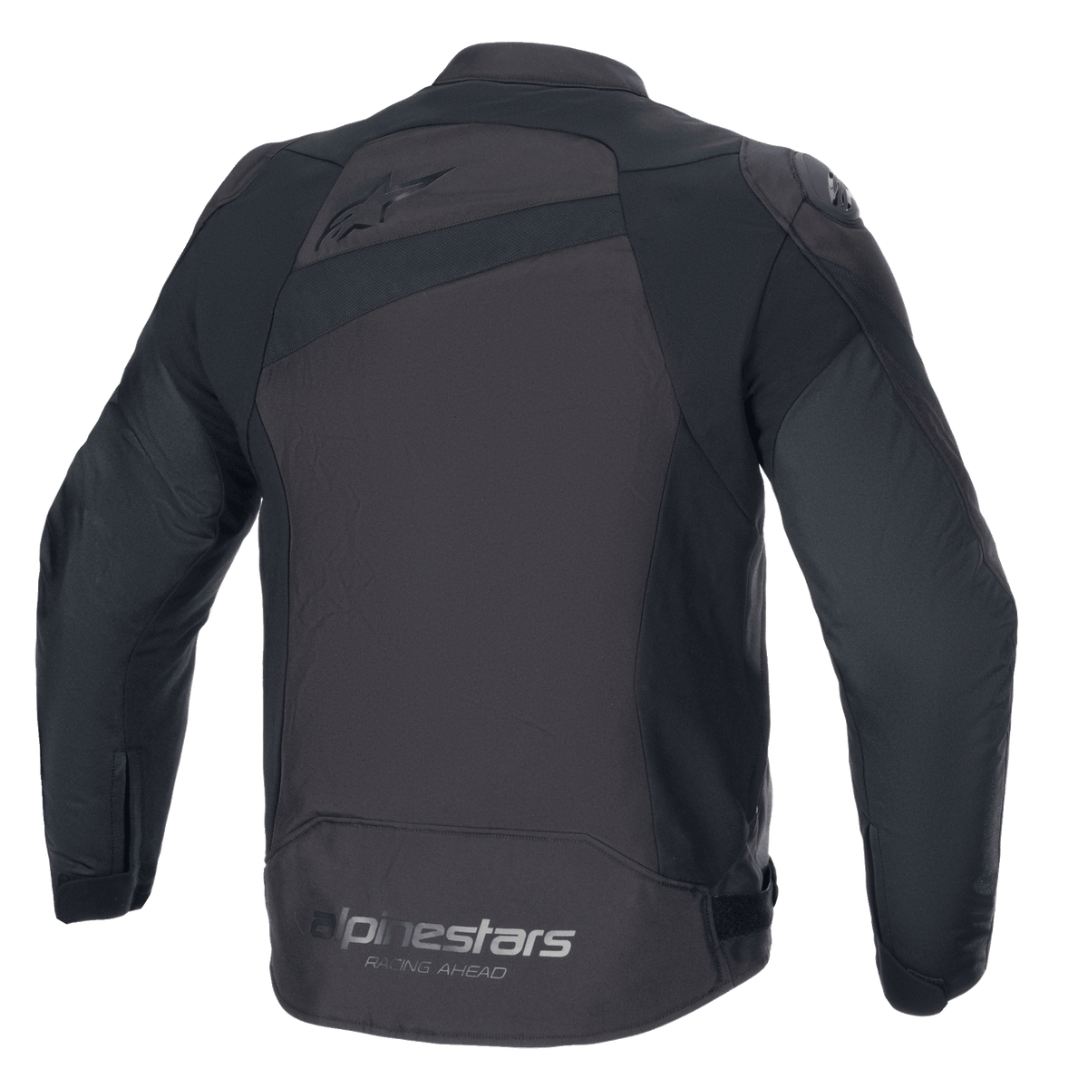 Veste Alpinestars T-GP Plus R V4, veste de moto en textile, noir et noir, vue arrière montrant le logo Alpinestars et le slogan « Racing Ahead », coupe sport avec protections d'épaules DFS Lite et construction durable en poly-tissu.