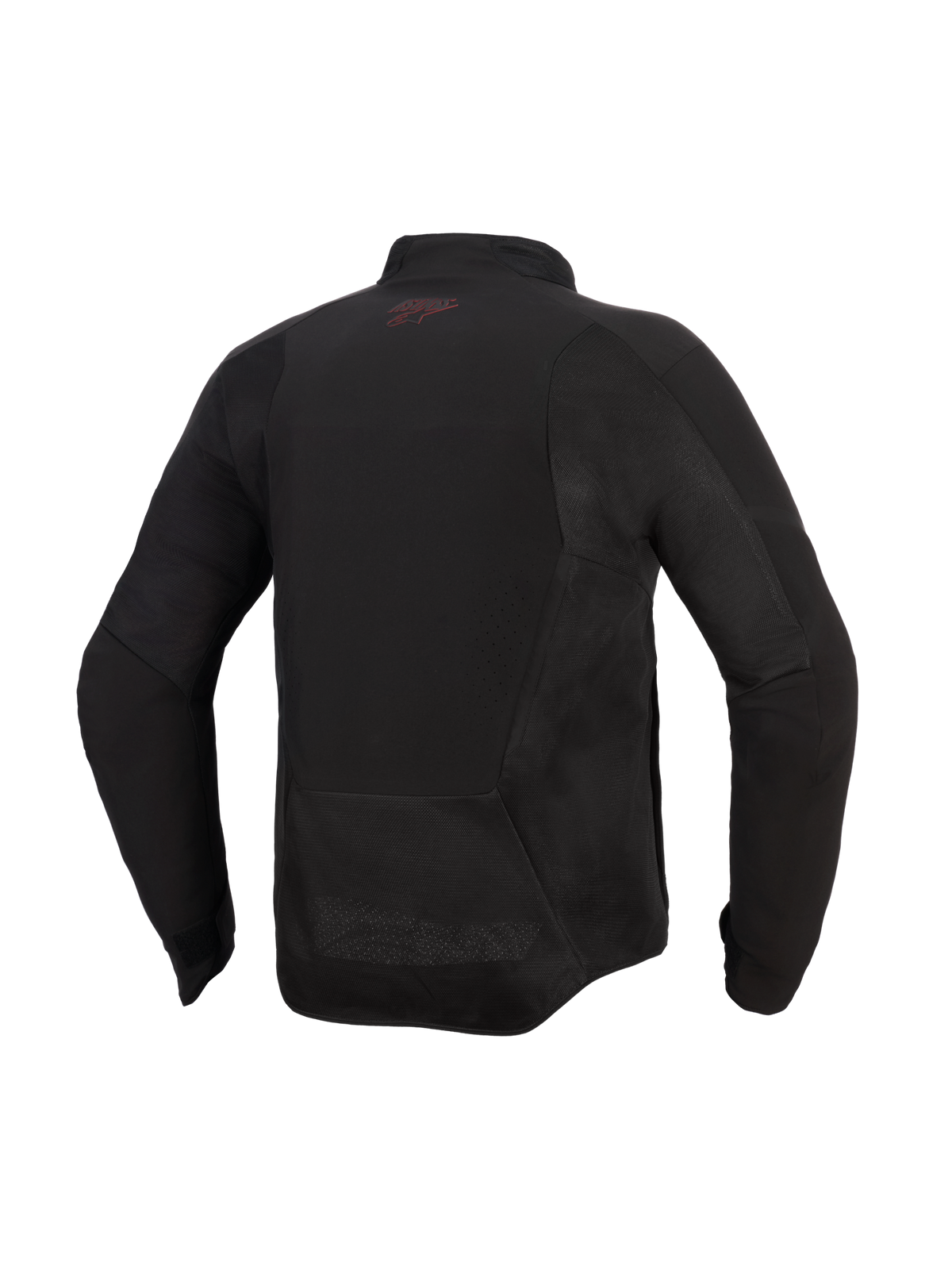 Veste Alpinestars Aeroshell Airflow, veste de moto, noir anthracite, vue arrière avec panneaux en maille et zones de ventilation perforées au laser, dos allongé pour une meilleure couverture en position de conduite, petit logo rouge sur la nuque, design softshell léger à coupe sport