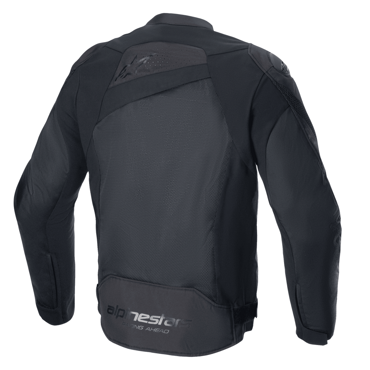 Veste Alpinestars T-GP Plus R V4 Airflow, noir, vue arrière, dotée d'un large panneau en maille pour un flux d'air maximal, haut du dos perforé, logo embossé discret et marquage Alpinestars Racing Ahead sur le bas du dos, veste de moto en textile à coupe sport