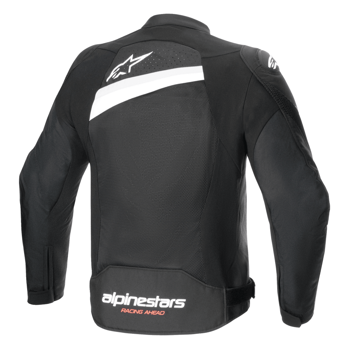 Veste Alpinestars T-GP Plus R V4 Airflow, veste de moto en textile, noir et blanc, vue arrière présentant un large panneau en maille, logo étoile blanc sur le haut du dos et marquage Alpinestars Racing Ahead sur le bas du dos, coupe sport pour une ventilation optimale