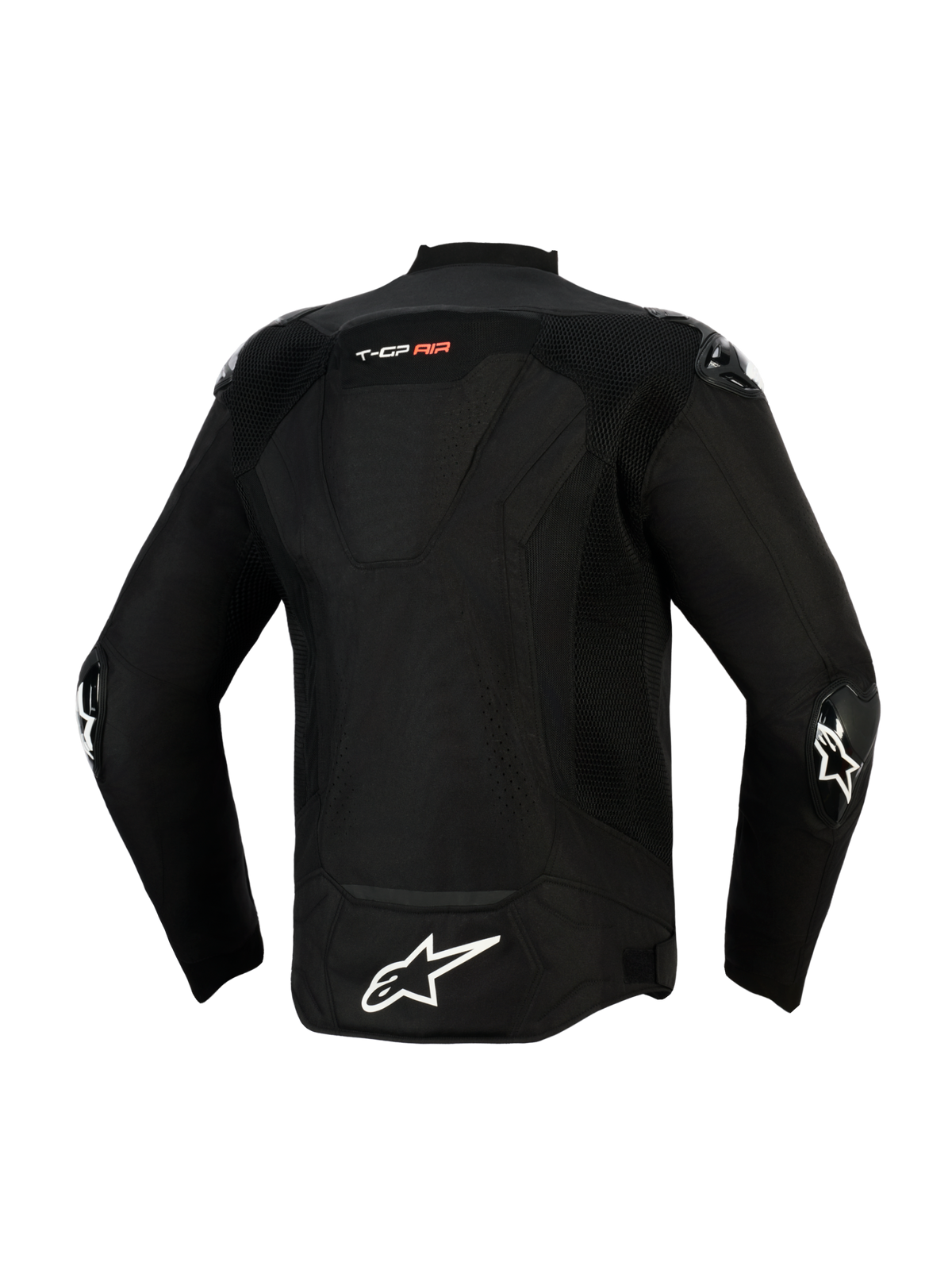 Veste Alpinestars T-GP Air, vue de dos, noire, avec un grand logo étoile blanc en bas du dos et le marquage « T-GP AIR », panneaux en mesh et perforations laser pour le flux d'air, et sliders extérieurs aux coudes, blouson de moto textile d'inspiration sportive