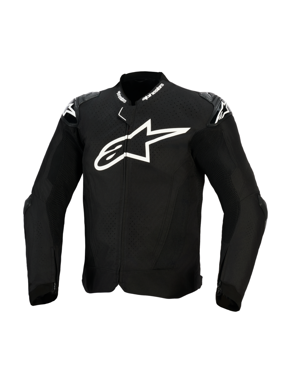 Blouson Alpinestars T-GP Air, blouson de moto en textile noir avec un grand logo blanc sur la poitrine, des panneaux de ventilation perforés au laser et des sliders d'épaules externes, vue de face