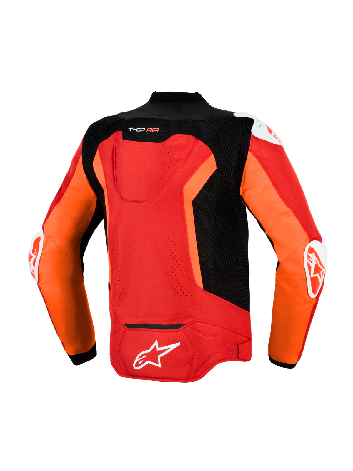 Blouson T-GP Air Alpinestars, vue arrière, rouge vif, rouge fluo et noir, blouson de moto sport en textile avec panneaux en maille perforée au laser, bosse aérodynamique Supertech R10, sliders DFS extérieurs aux épaules et aux coudes, et logo Alpinestars blanc dans le bas du dos.