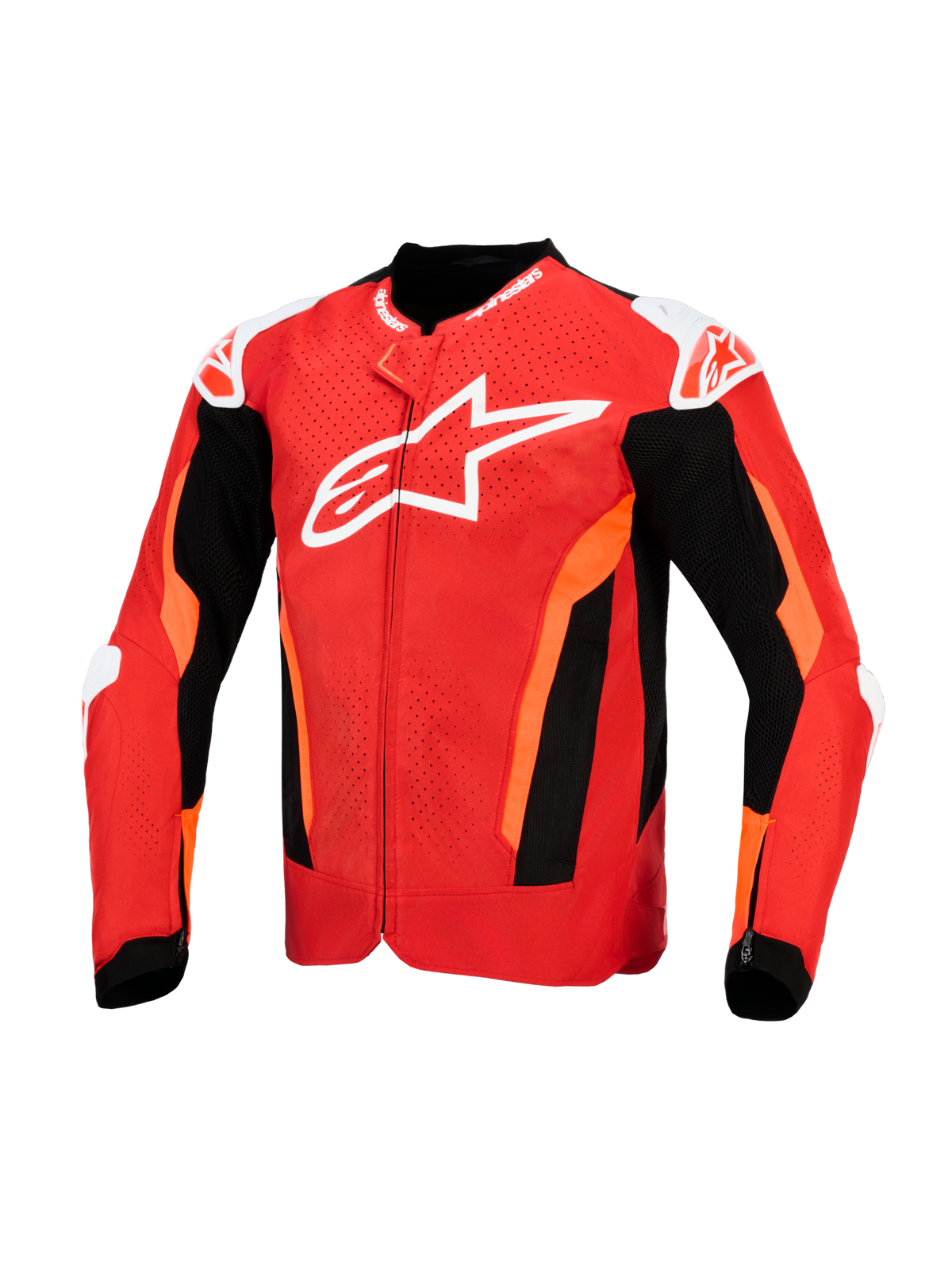 Alpinestars T-GP Air Jacket, veste de moto en textile, rouge vif et noir avec des touches de blanc, avec un grand logo blanc sur la poitrine, des panneaux avant perforés au laser et des sections en maille noire pour la ventilation, design à coupe sport