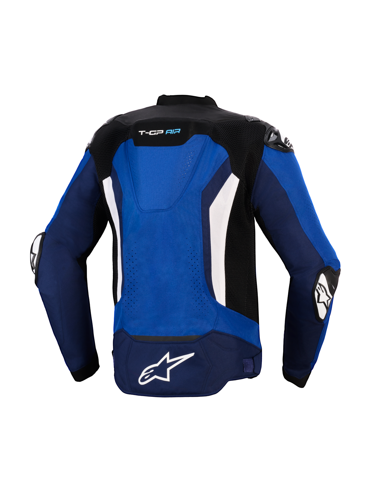 Blouson Alpinestars T-GP Air, vue arrière, bleu vif, bleu marine et blanc, veste de moto sport en textile dotée d'une bosse aérodynamique intégrée, de panneaux de ventilation en mesh, d'accents verticaux blancs et du logo Astars blanc à l'arrière, conçu pour une conduite haute performance