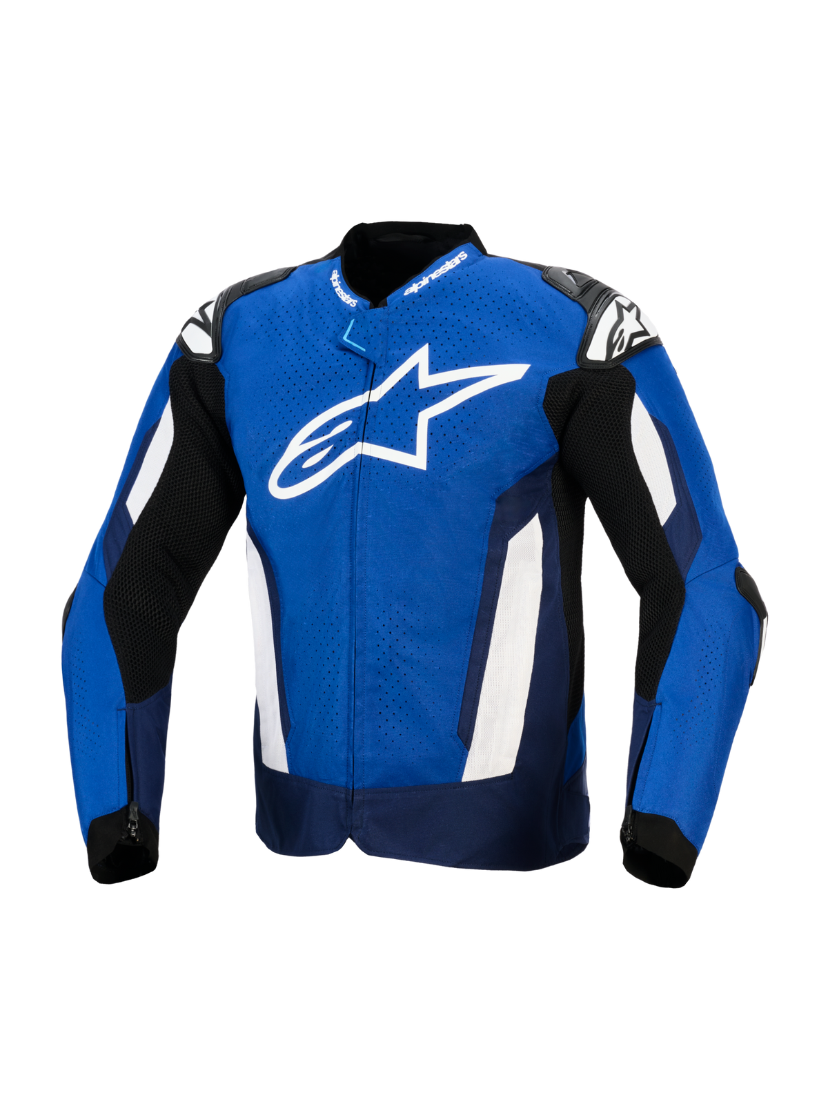 Blouson Alpinestars T-GP Air, blouson de moto sport en textile, bleu vif, bleu marine et blanc, doté d'un grand logo étoile blanc sur la poitrine, de textile perforé au laser pour la ventilation et de sliders d'épaule externes, équipement de performance inspiré de la course