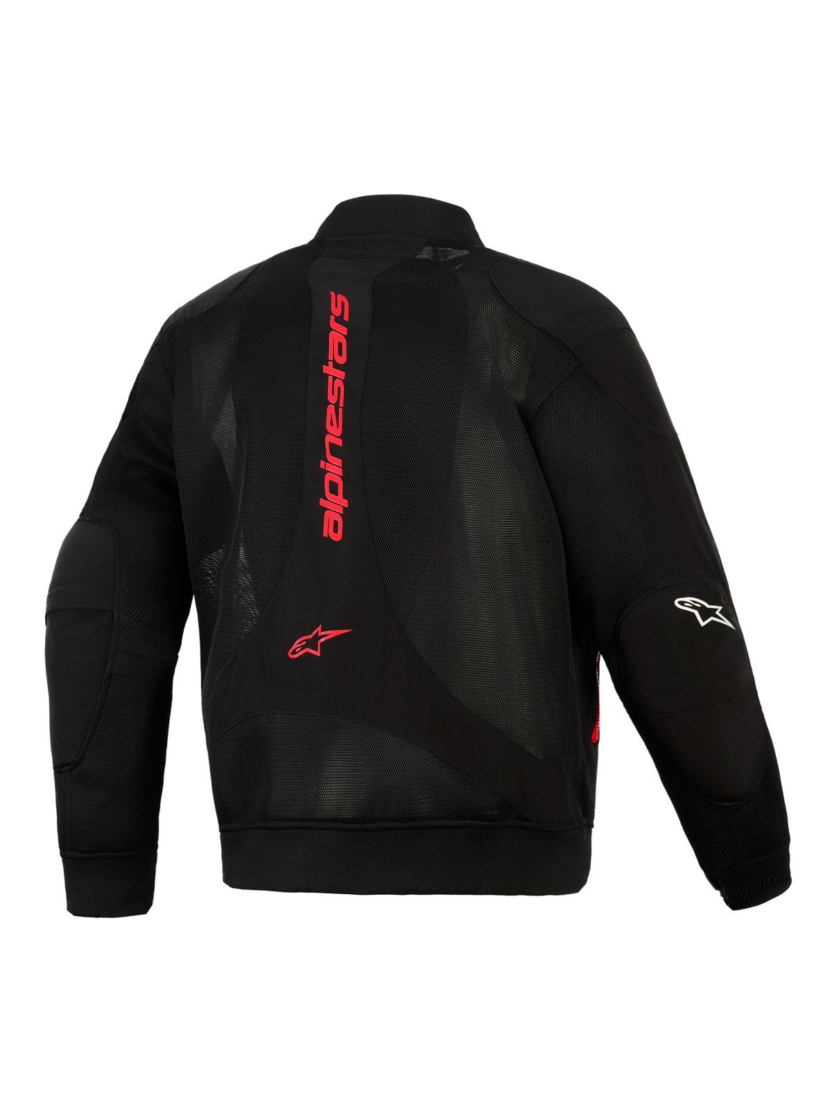 Alpinestars Flight Air Jacket, Black and Bright Red, back view showing 3D mesh construction, vertical red Alpinestars logo on spine, bomber-style silhouette with ribbed waist and cuffs, white logo on sleeve