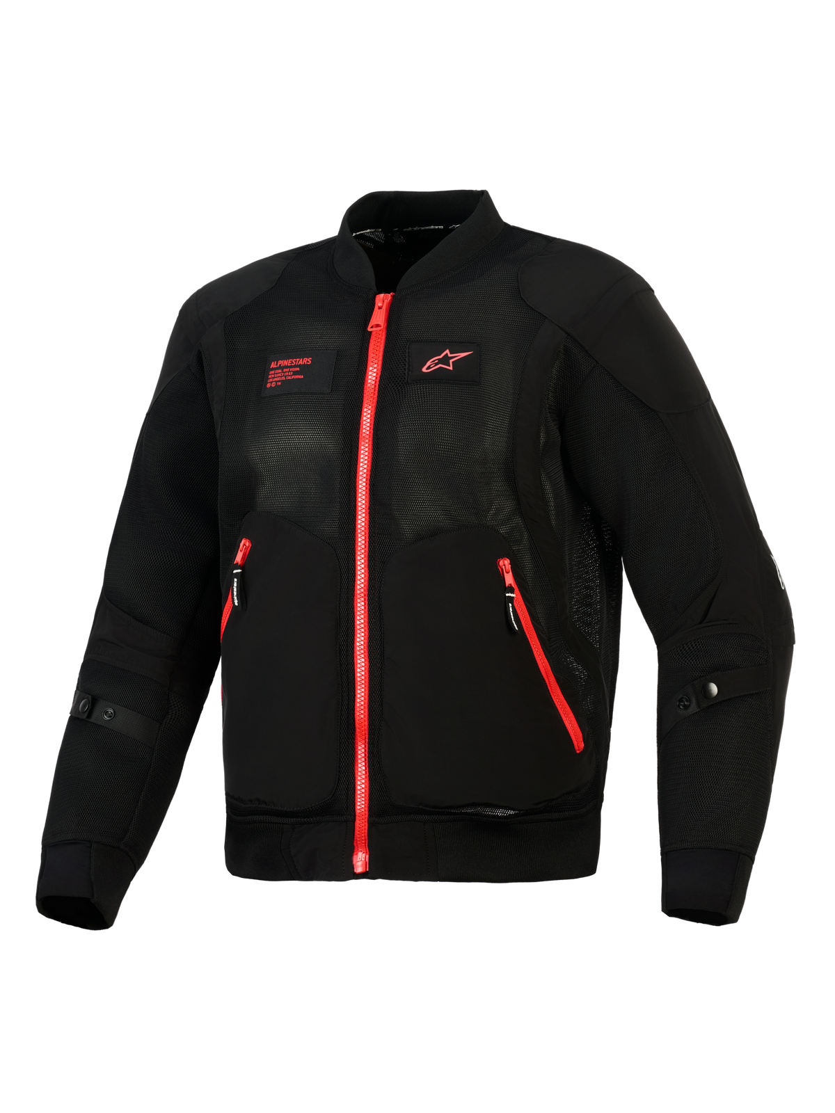 Alpinestars Flight Air Jacket, Black Bright Red, front view of a lightweight bomber-style motorcycle jacket featuring 3D mesh panels, contrasting red zippers, and red Alpinestars branding on the chest.