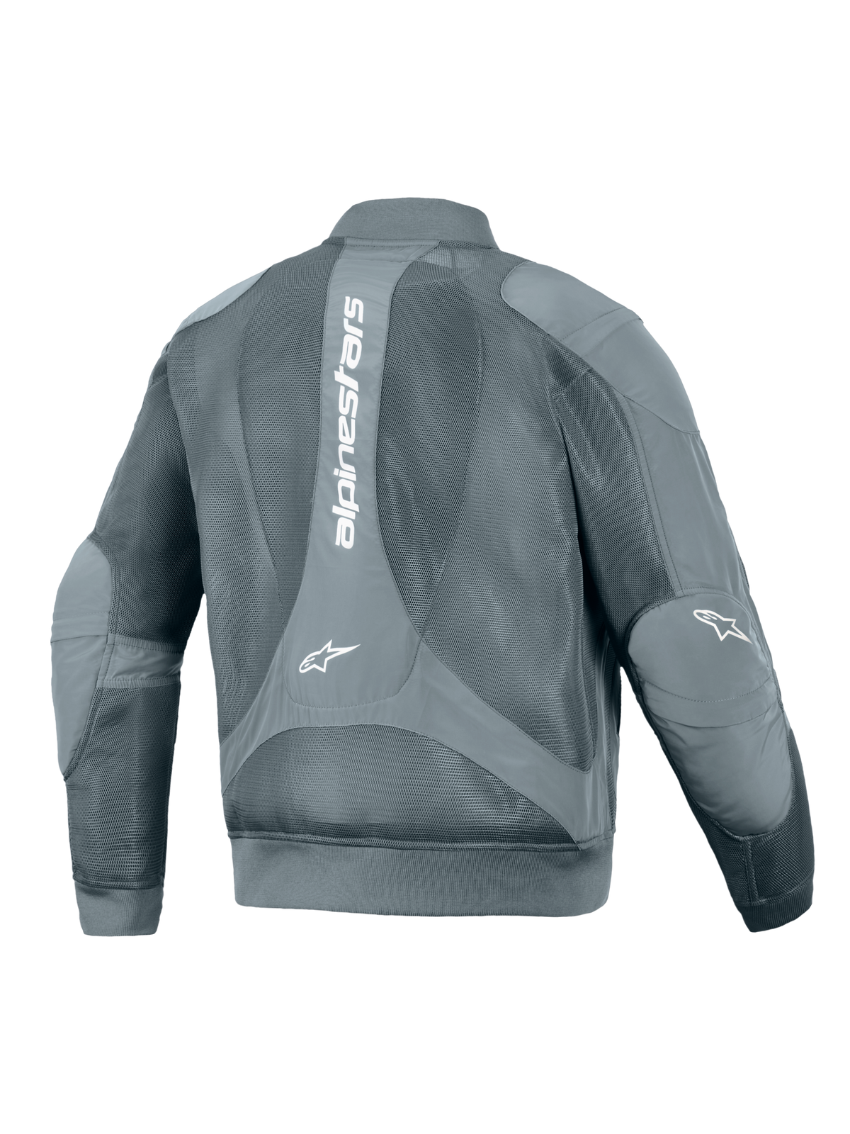 Alpinestars Flight Air Jacket, veste de moto urbaine, Storm Gray, vue arrière avec un grand logo Alpinestars blanc vertical, larges panneaux en maille 3D pour la circulation de l'air, et taille et poignets côtelés de style bomber