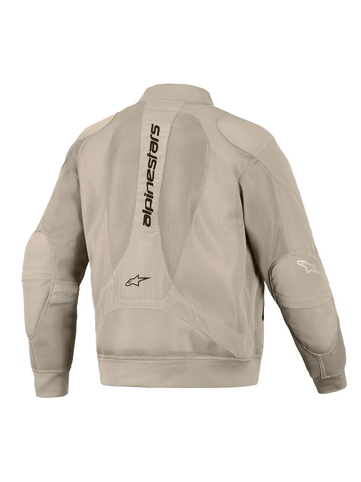 Alpinestars Flight Air Jacket in Aluminum, back view, featuring extensive 3D mesh panels for ventilation, vertical Alpinestars wordmark on the spine, ribbed cuffs and hem, and a modern bomber-style silhouette for urban motorcycle riding.