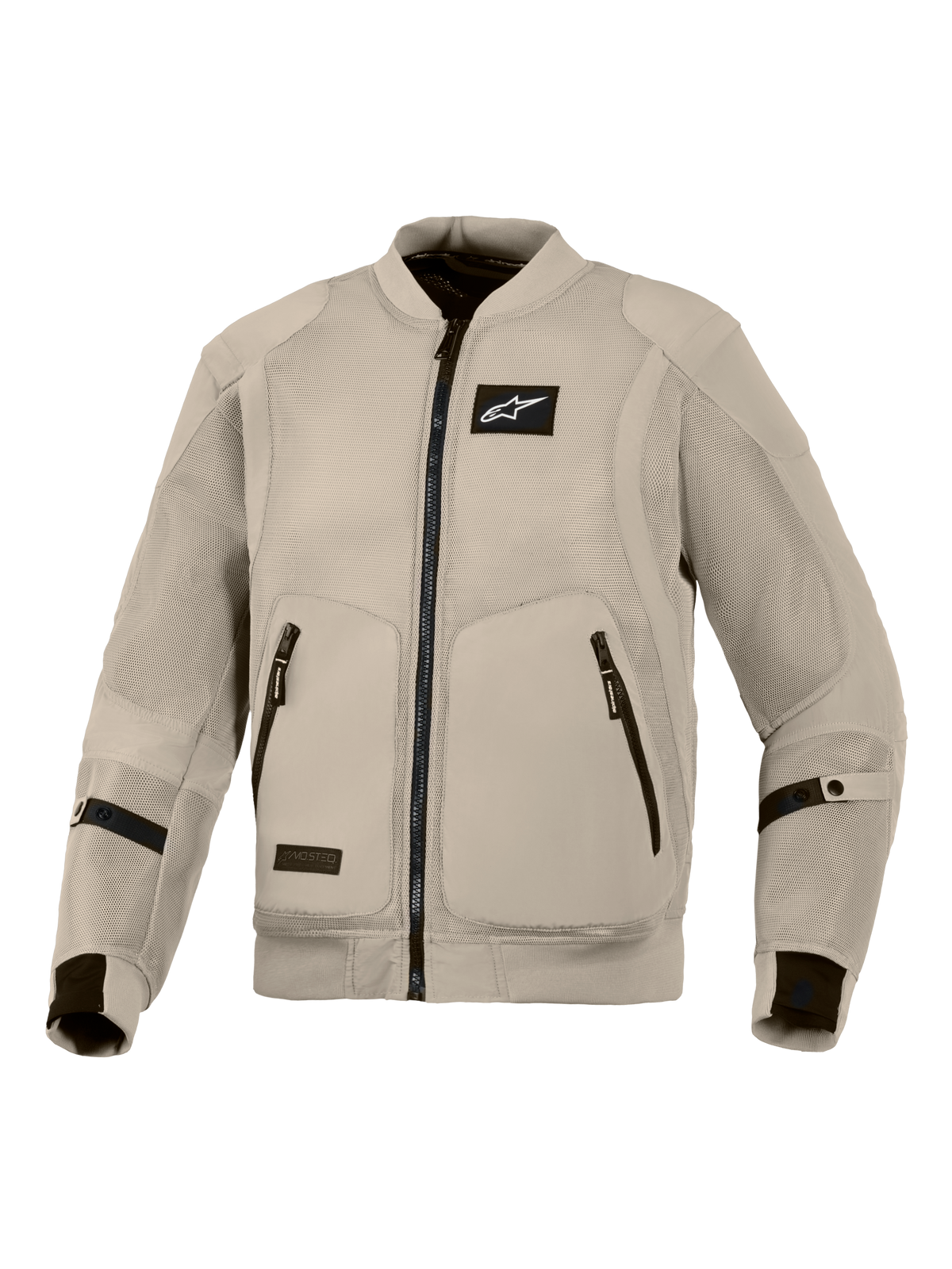 Alpinestars Flight Air Jacket, Aluminum Grey motorcycle jacket, bomber-style urban riding gear featuring extended 3D mesh panels for maximum airflow, black Alpinestars logo on chest, and dual front zippered pockets.