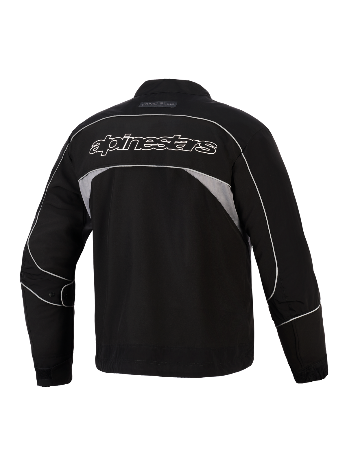 Alpinestars Unite Jacket, Rear View, Black with Dark Gray Reflective Panels, White Outlined Alpinestars Branding Across the Back, Urban Motorcycle Softshell Jacket with Minimalist Design