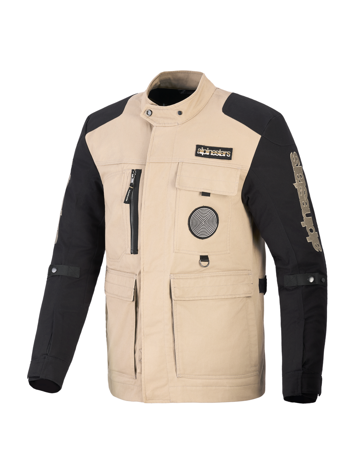 Veste Alpinestars Dice, veste de moto urbaine, beige et noir, design inspiré du vêtement de travail avec quatre poches utilitaires frontales et des écussons logo, construction textile robuste pour la performance urbaine