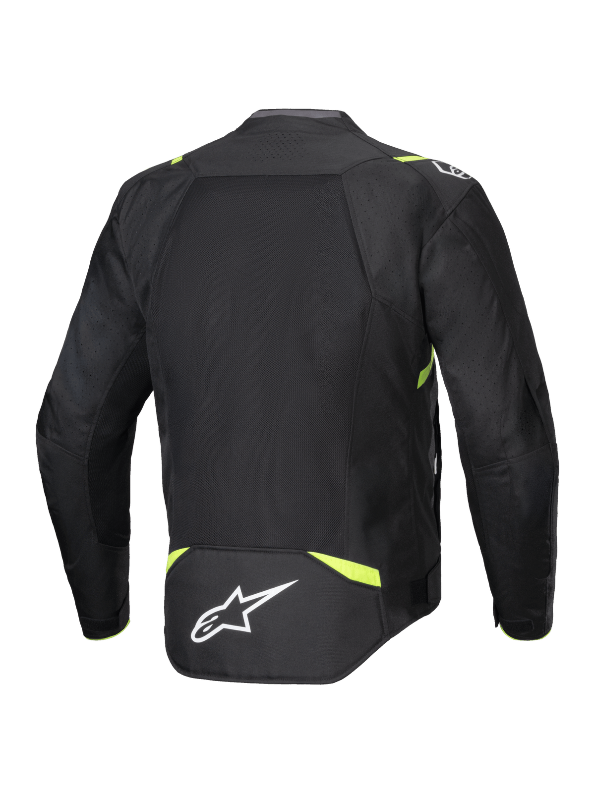Veste Alpinestars T-SPS Air V2, veste de moto en textile, noir et jaune fluo, vue arrière avec de larges panneaux en mesh pour la circulation de l'air, accents jaune fluo sur les épaules et la taille, logo Alpinestars blanc dans le bas du dos