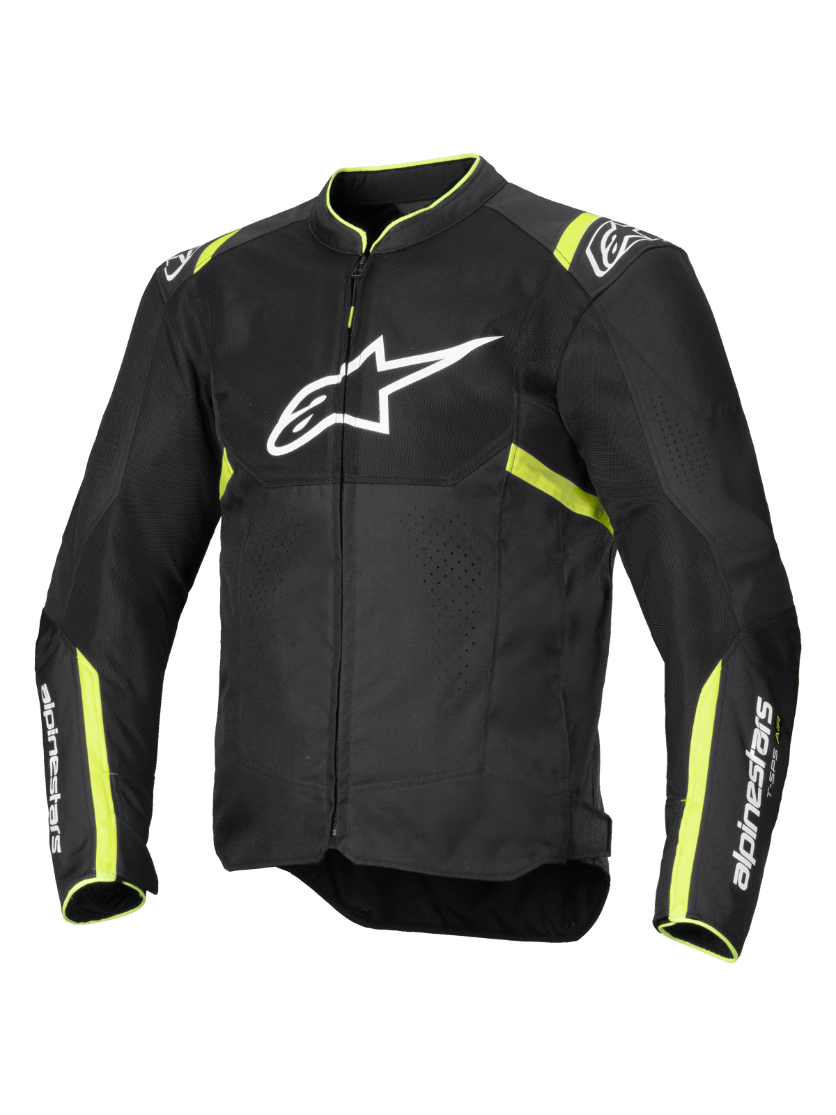 Veste Alpinestars T-Sps Air V2, veste de moto, noir et jaune fluo, avec un grand logo blanc sur la poitrine, panneaux en mesh pour la ventilation, accents jaune fluo sur les épaules et les manches, design textile sportif