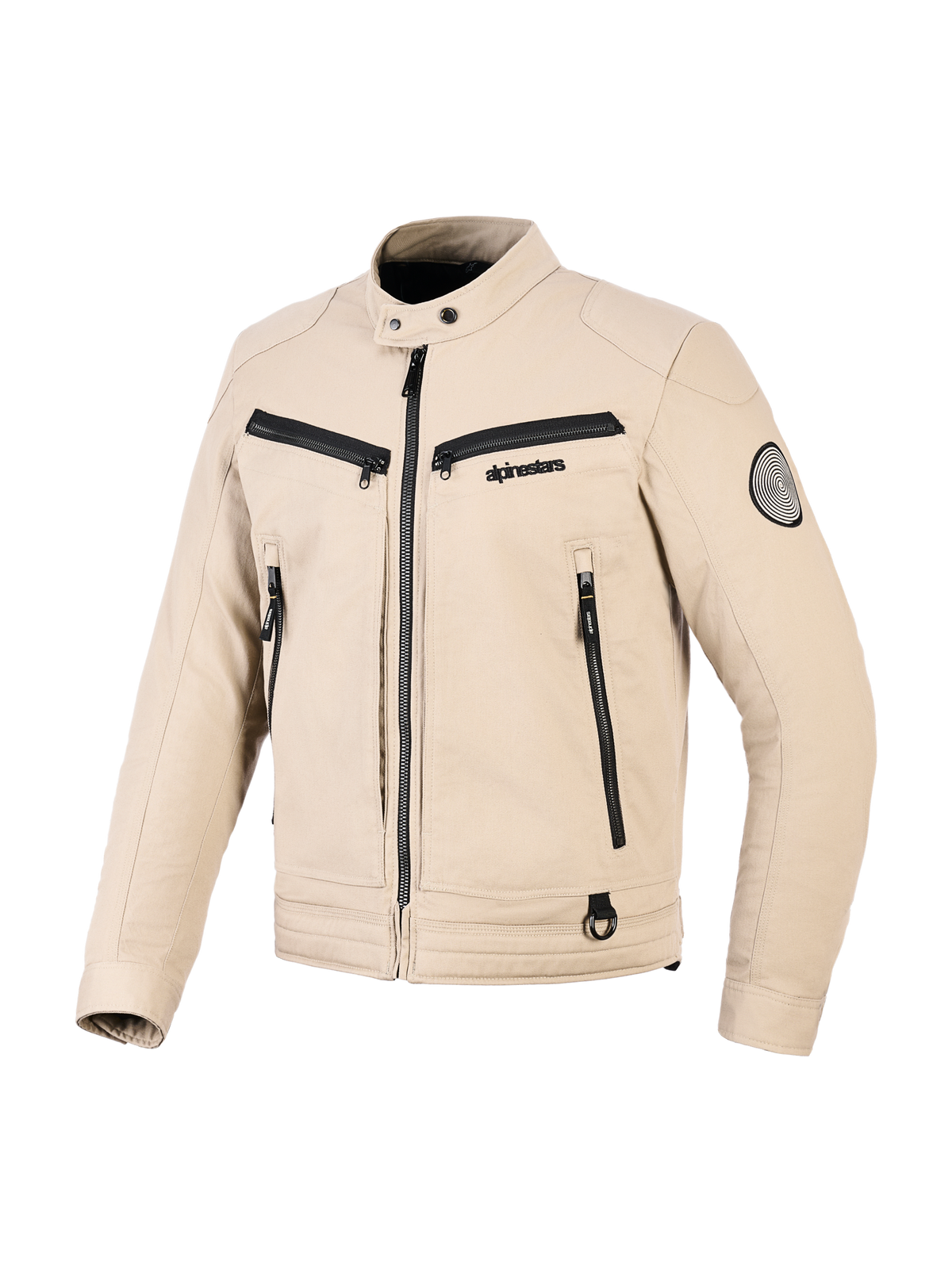 Veste Alpinestars Bruiser, veste de moto urbaine, beige, construction textile avec fermetures éclair noires, col à bouton-pression, multiples poches fonctionnelles, écusson logo circulaire sur la manche, design contemporain inspiré du style workwear