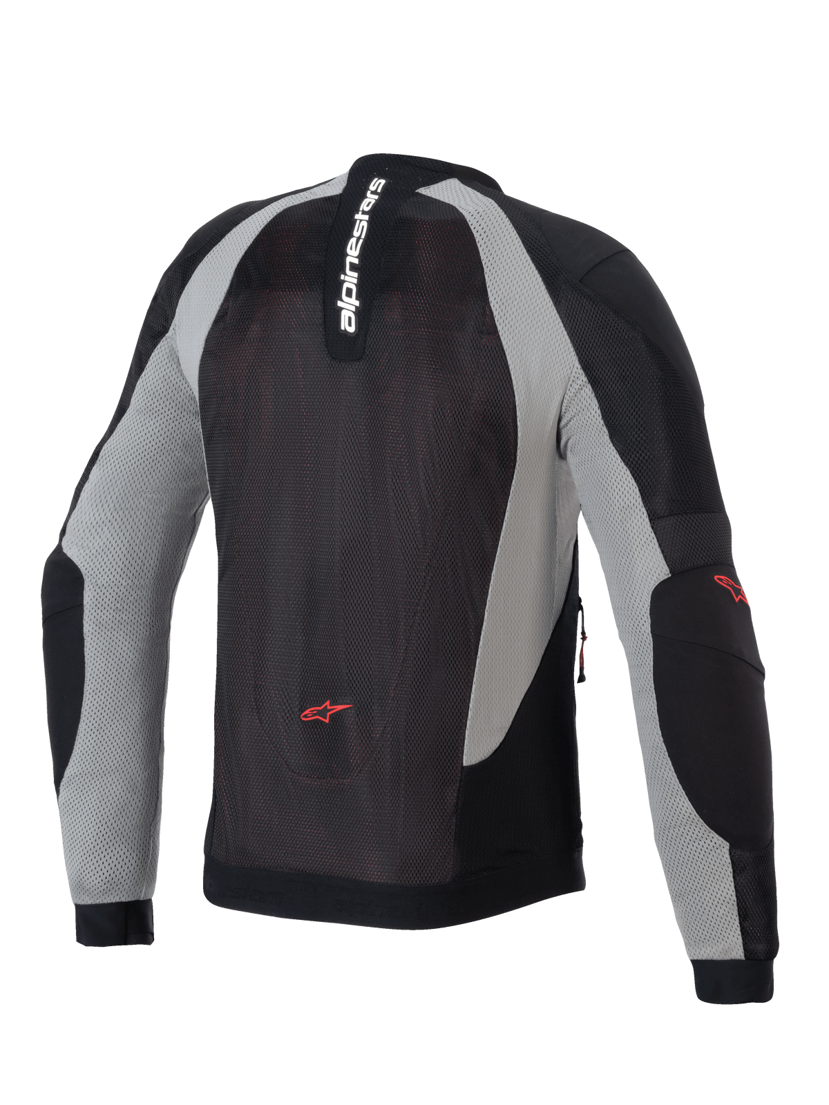 Veste Alpinestars Troop-Air, veste de moto aérée, noir, gris cendré et rouge vif, vue arrière montrant la construction en maille technique, marquage Alpinestars vertical sur le col et logos étoilés rouges sur le bas du dos et les coudes.