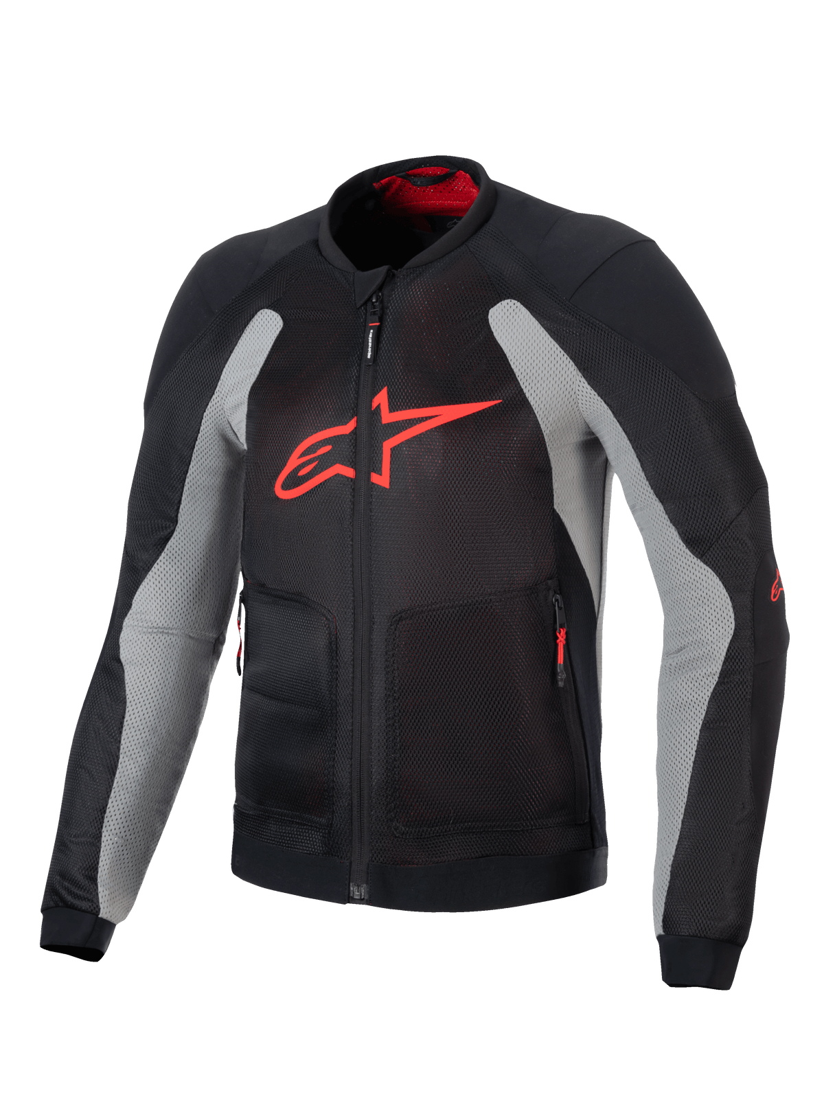 Veste Alpinestars Troop-Air, veste de moto technique aérée, noir et gris cendre avec rouge vif, arborant un grand logo A-star rouge sur la poitrine, construction en maille pour le flux d'air et design de pilotage technique.