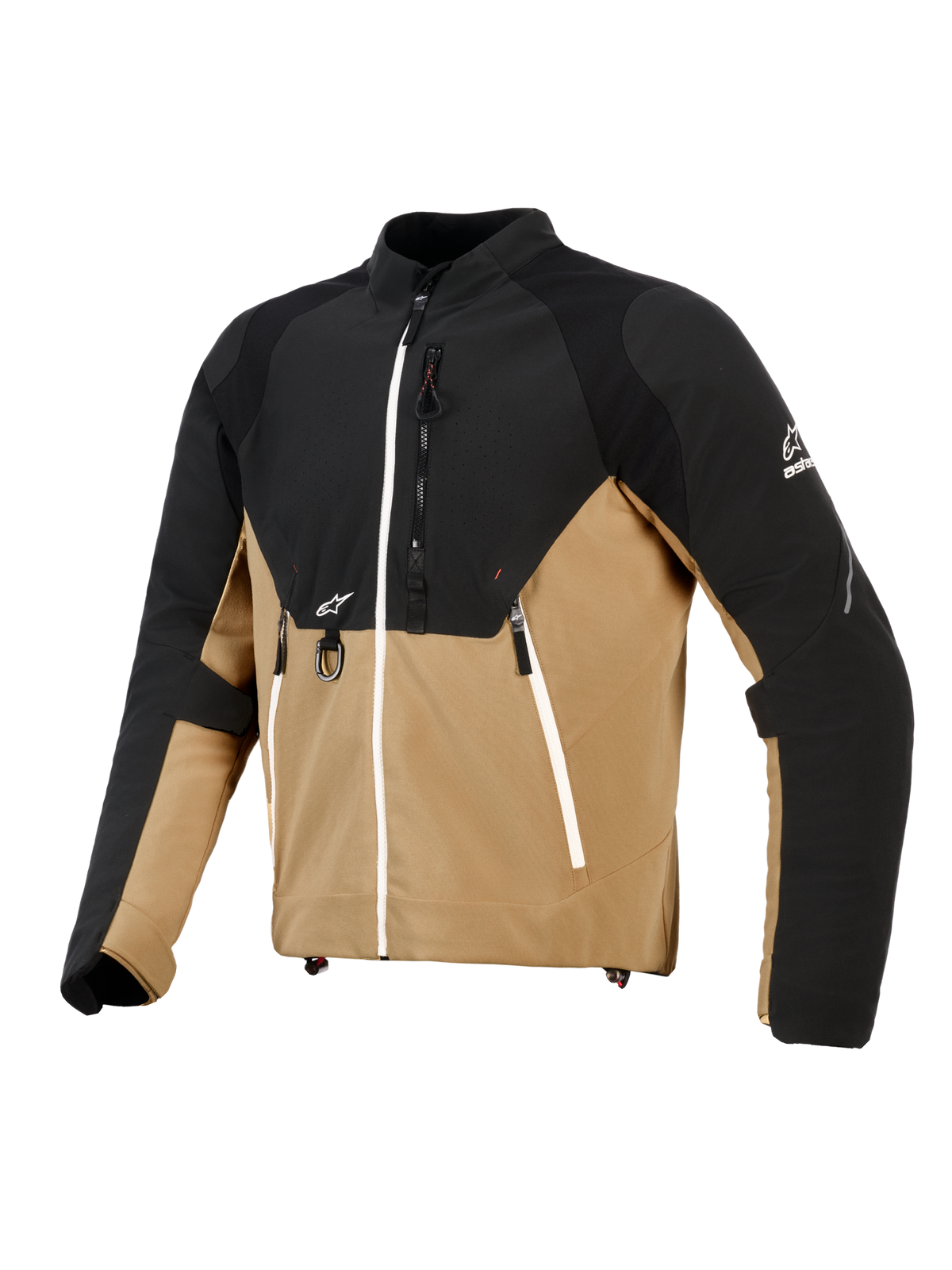 Veste Alpinestars Provoke, veste de moto urbaine, noir et camel, construction en textile technique avec panneaux ripstop, dotée de fermetures éclair blanches contrastantes, d'un anneau en D métallique à l'avant et de logos Alpinestars, design contemporain d'inspiration outdoor