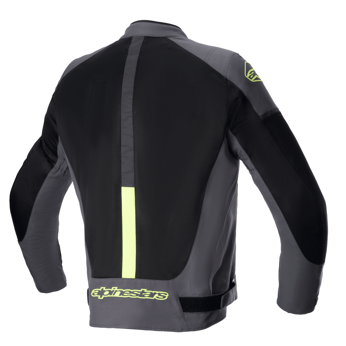 Veste Alpinestars T-SP X Superair, veste de moto, gris tar, noir et jaune fluo, vue arrière présentant de grands panneaux en maille mesh pour la ventilation et un logo jaune fluo sur le bas du dos et l'épaule.