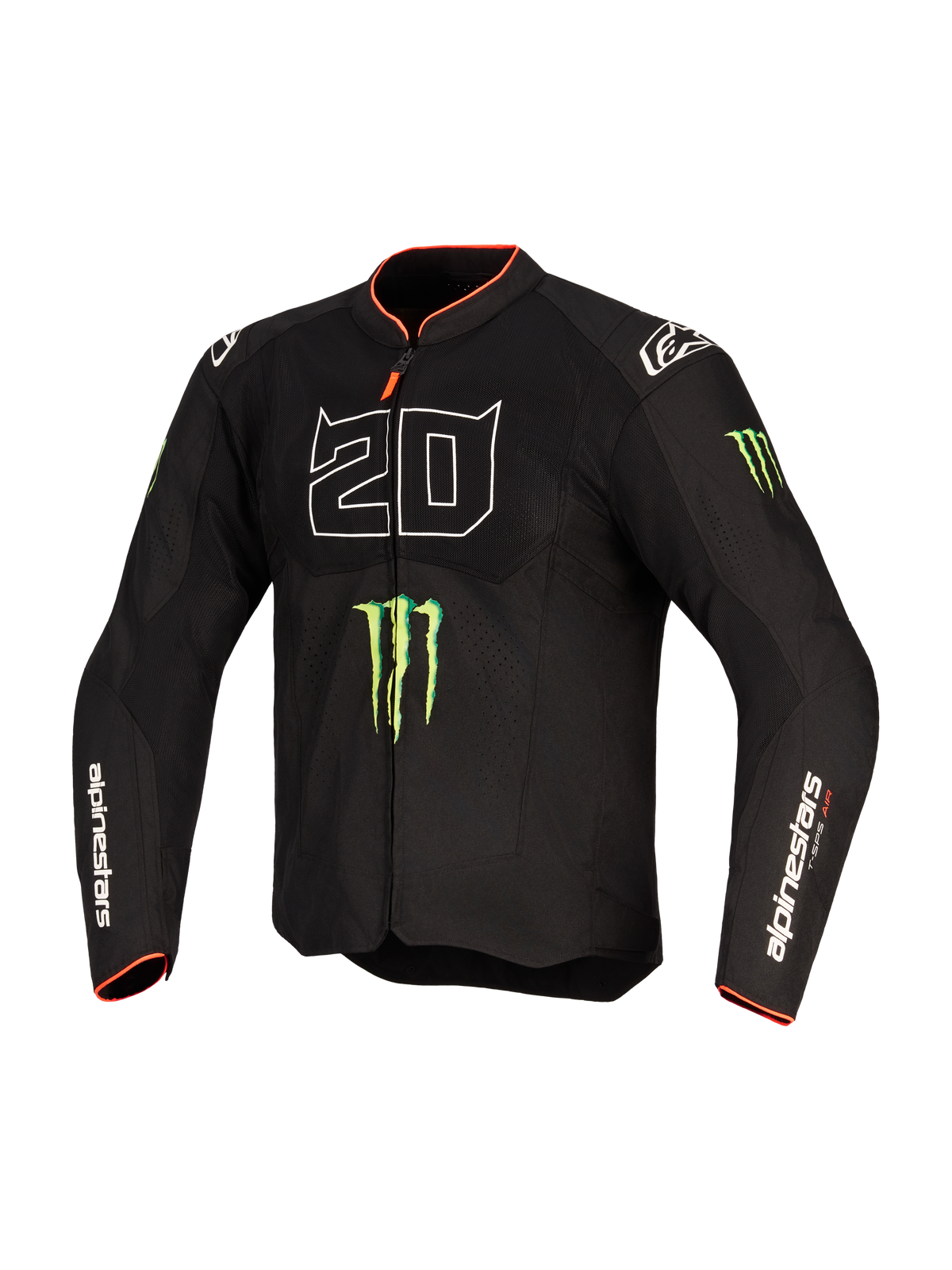 Alpinestars FQ20 T-SPS Air V2 Monster Jacket, Textile Motorcycle Jacket, Black with large white '20' graphic, featuring green Monster Energy claw logos and red trim on collar and cuffs, mesh panels for ventilation, Alpinestars branding on sleeves, performance fit for sport riding.