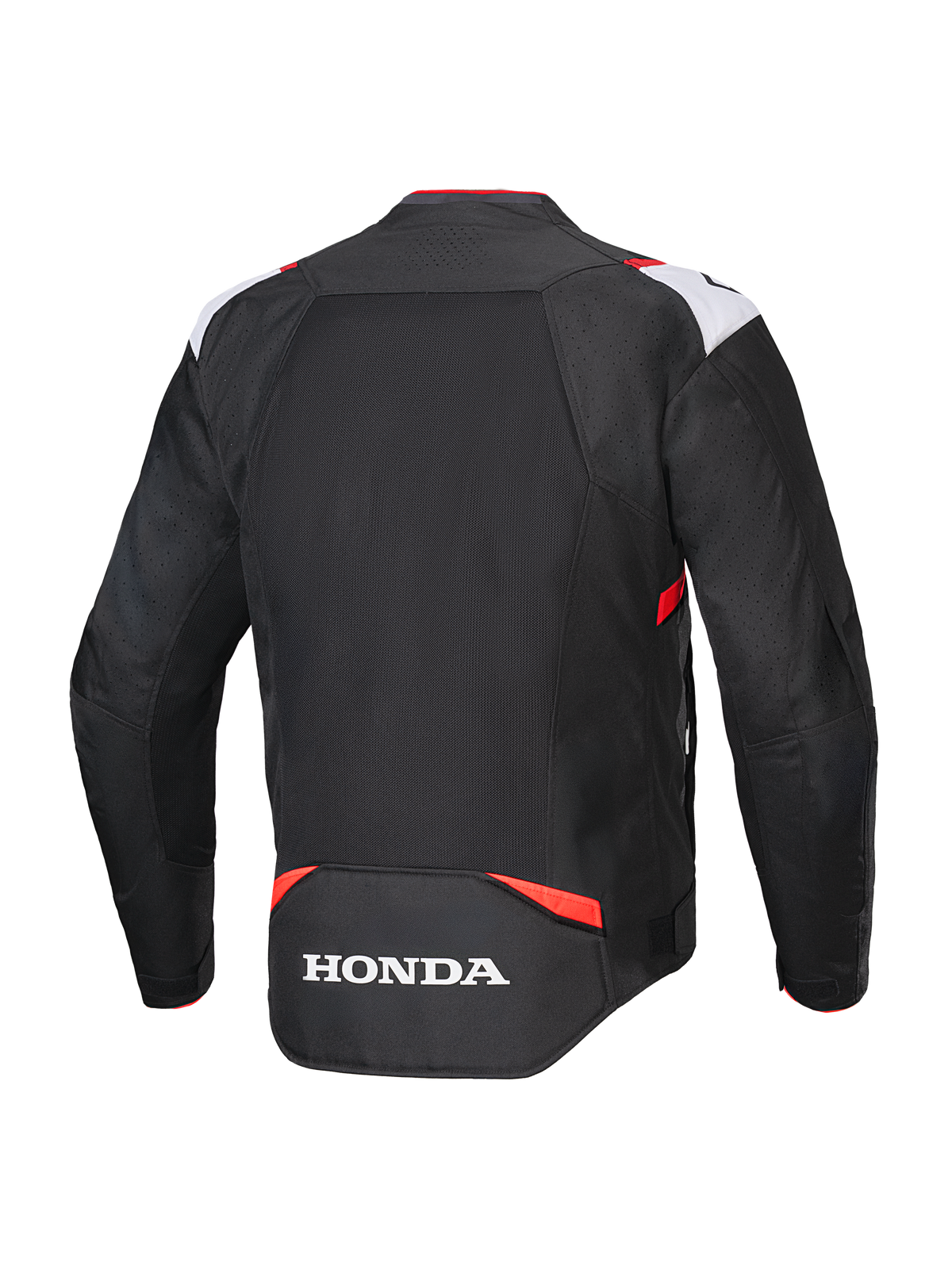 Alpinestars Honda T-SPS Air V2 Jacket, textile motorcycle jacket, Black White and Bright Red, back view showing large mesh panel for airflow and white Honda logo on the lower back, sport-style design for summer urban riding