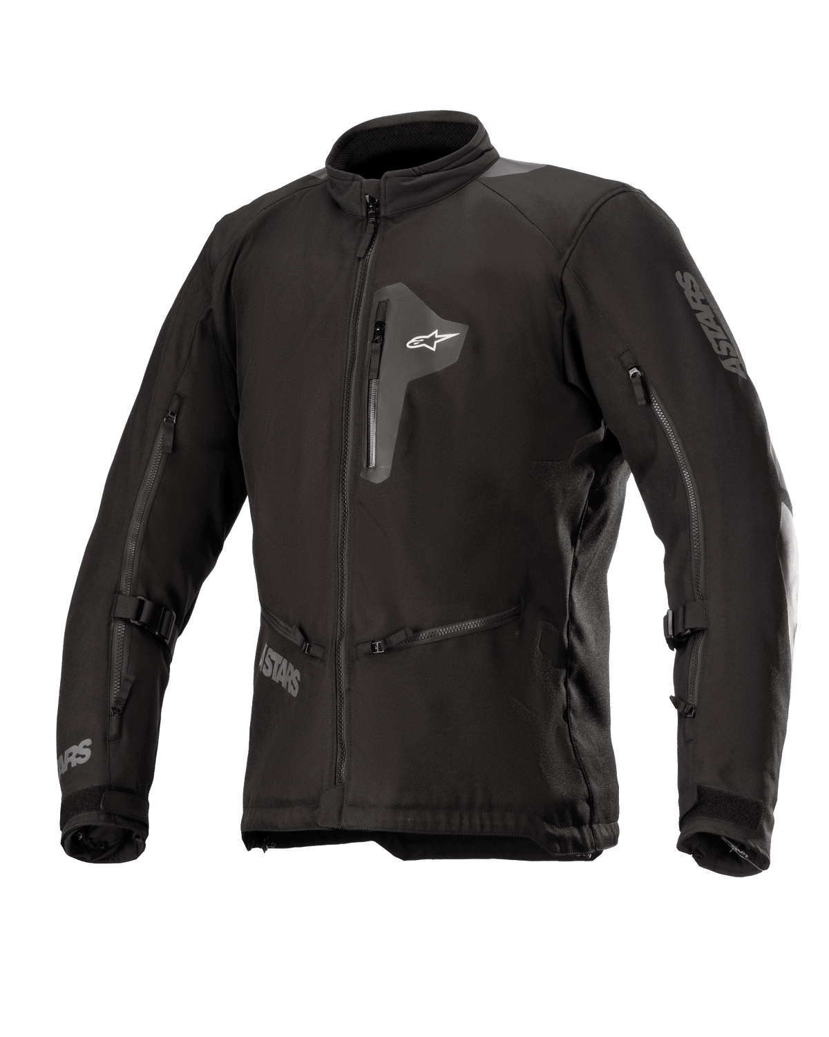 Alpinestars Venture XT Jacket, veste de moto en textile noir, vue de face avec poche de poitrine zippée et larges aérations sur les manches, sangles réglables sur les bras, col montant, construction résistante à l'eau pour le touring d'aventure