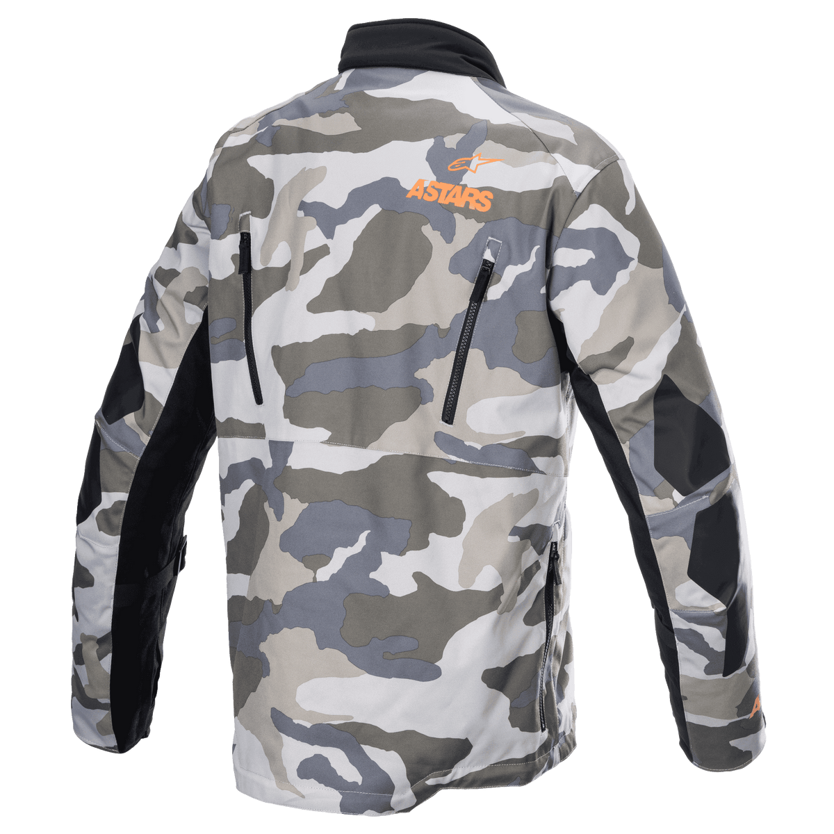 Veste Alpinestars Venture XT, Mojave Camo Orange Fluo, vue arrière montrant un motif camouflage gris et blanc, logo ASTARS orange sur le haut du dos, fermetures éclair de ventilation noires et panneaux de bras renforcés, veste de moto adventure touring