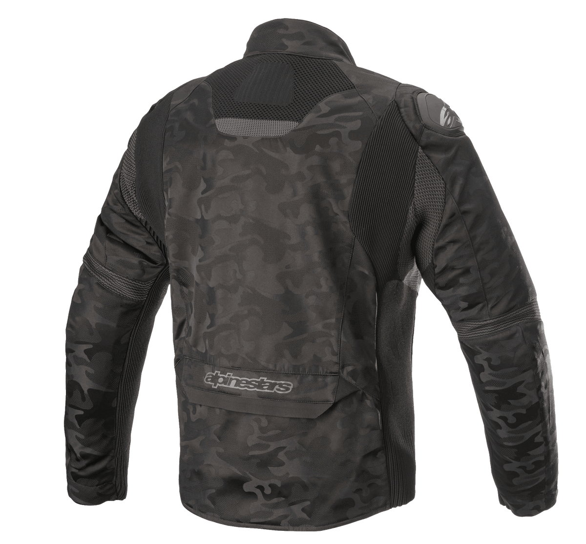 Alpinestars T SP-5 Rideknit® Textile Jacket, Motorcycle Jacket, Black Camo, back view featuring knitted stretch panels, camouflage pattern on abrasion-resistant textile, Alpinestars branding on the lower back.