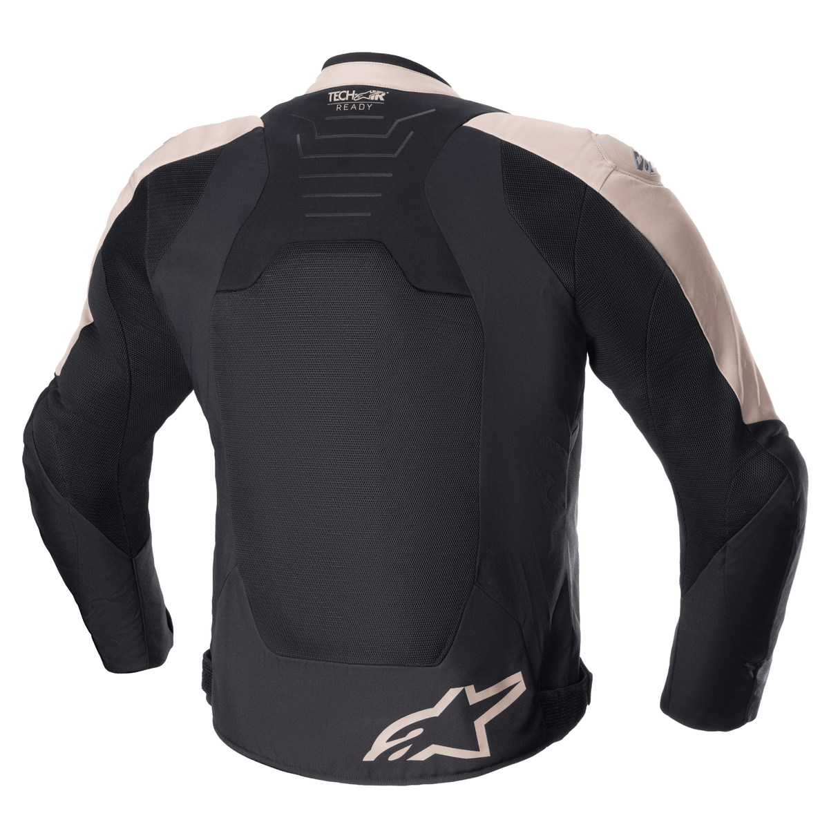 Veste Alpinestars SMX Air, veste de sport moto, brun clair et noir, vue arrière avec panneaux en maille technique ventilée, marquage Tech-Air Ready sur le haut du dos et logo Alpinestars sur l'ourlet inférieur.