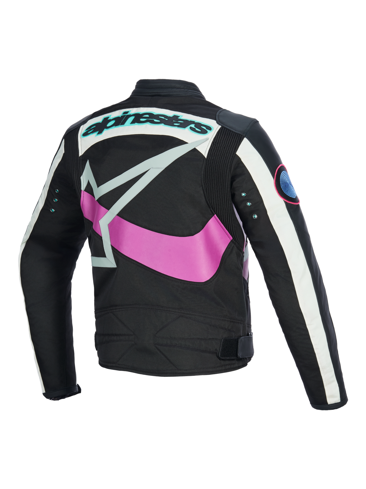 Veste Alpinestars Idles pour femme, vue arrière, noir avec blanc cassé et violet, arborant un grand logo étoile rose enveloppant, un mot-symbole bleu sarcelle et des œillets métalliques sur les manches, design d'inspiration vintage avec panneaux en accordéon pour la conduite moto urbaine