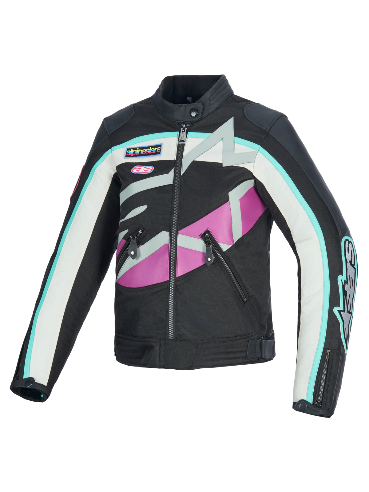 Veste Alpinestars Idles pour femme, veste de moto, noir, blanc cassé et violet, au design inspiré du racing vintage avec logo Alpinestars enveloppant et patchs de la marque, construction en textile et cuir, équipement urbain résistant à l'eau