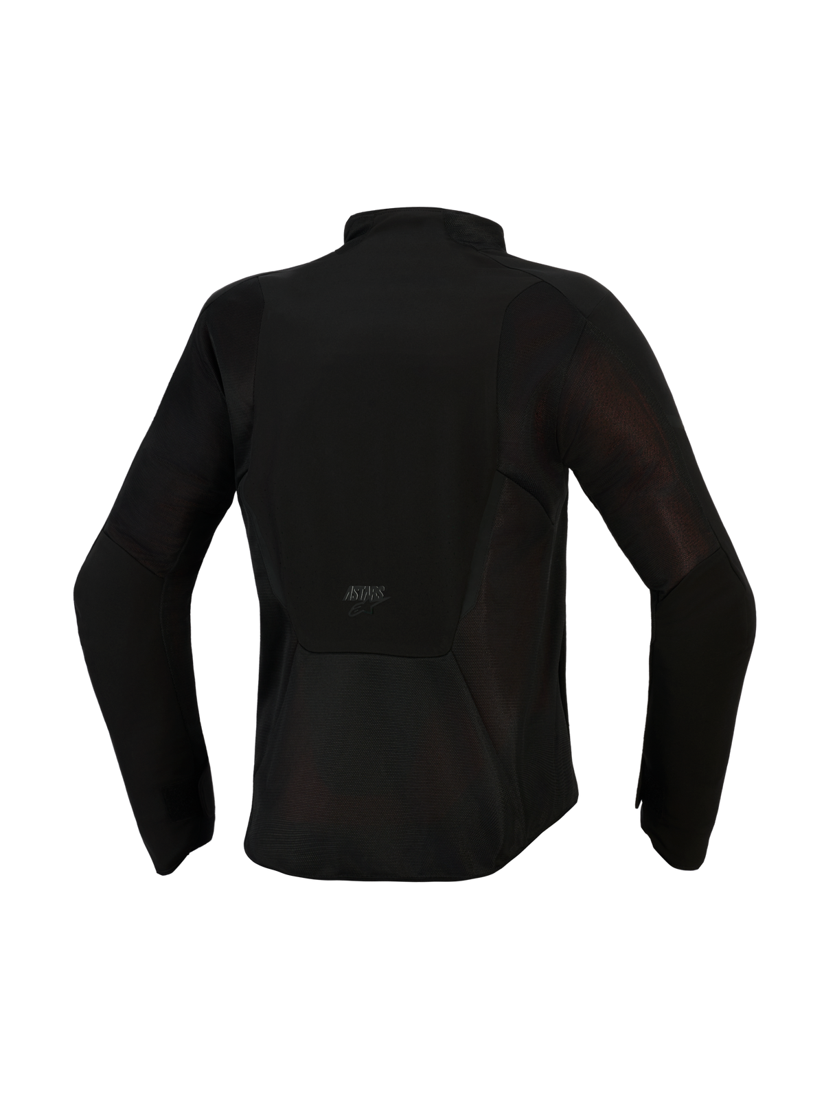 Veste Alpinestars Stella Aeroshell Airflow, veste de moto pour femme, Noir Anthracite, vue arrière montrant les panneaux de ventilation en maille étendus, le châssis en softshell perforé au laser et le marquage ASTARS sur le bas du dos