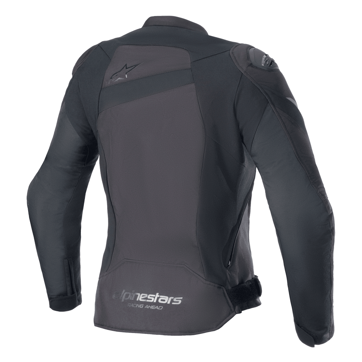Veste Alpinestars Stella T-GP Plus R V4, veste de moto en textile pour femme, noir/noir, vue arrière avec un logo Astar ton sur ton sur le haut du dos et le marquage 'alpinestars RACING AHEAD' sur l'ourlet inférieur, coupe sport ajustée avec panneaux de protection visibles.