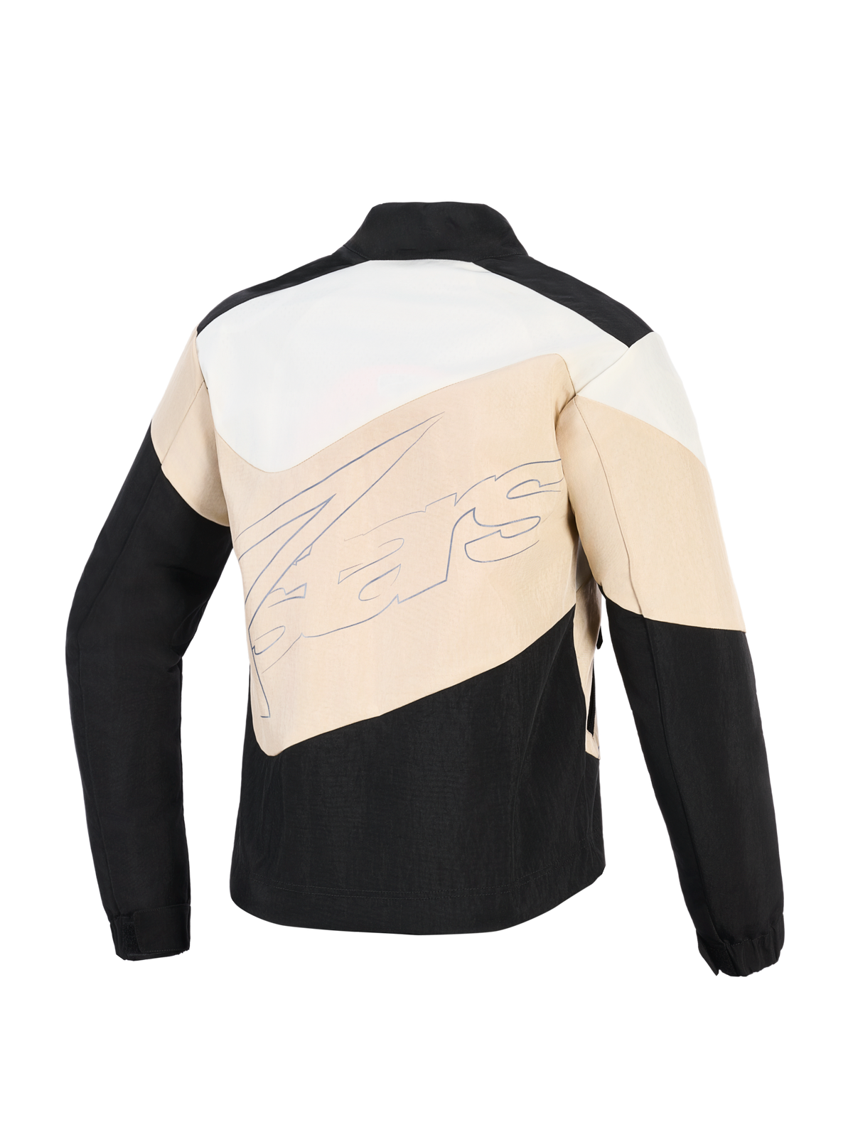 Veste Alpinestars Stella Moshell, veste de moto urbaine pour femme, noir, sable et blanc cassé, vue arrière présentant des empiècements asymétriques color-block et un grand logo de la marque en lettrage cursif au centre.