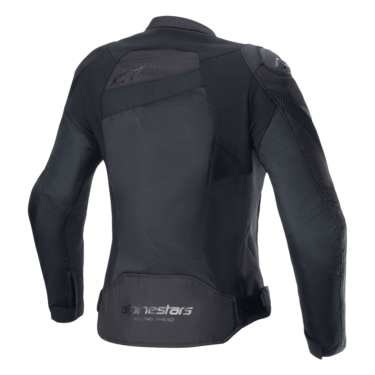 Veste Alpinestars Stella T-GP Plus R V4 Airflow, noire, vue de dos avec de larges panneaux en mesh pour un flux d'air maximal, logo « Alpinestars Racing Ahead » sur le bas du dos, veste de moto sport en textile pour femme